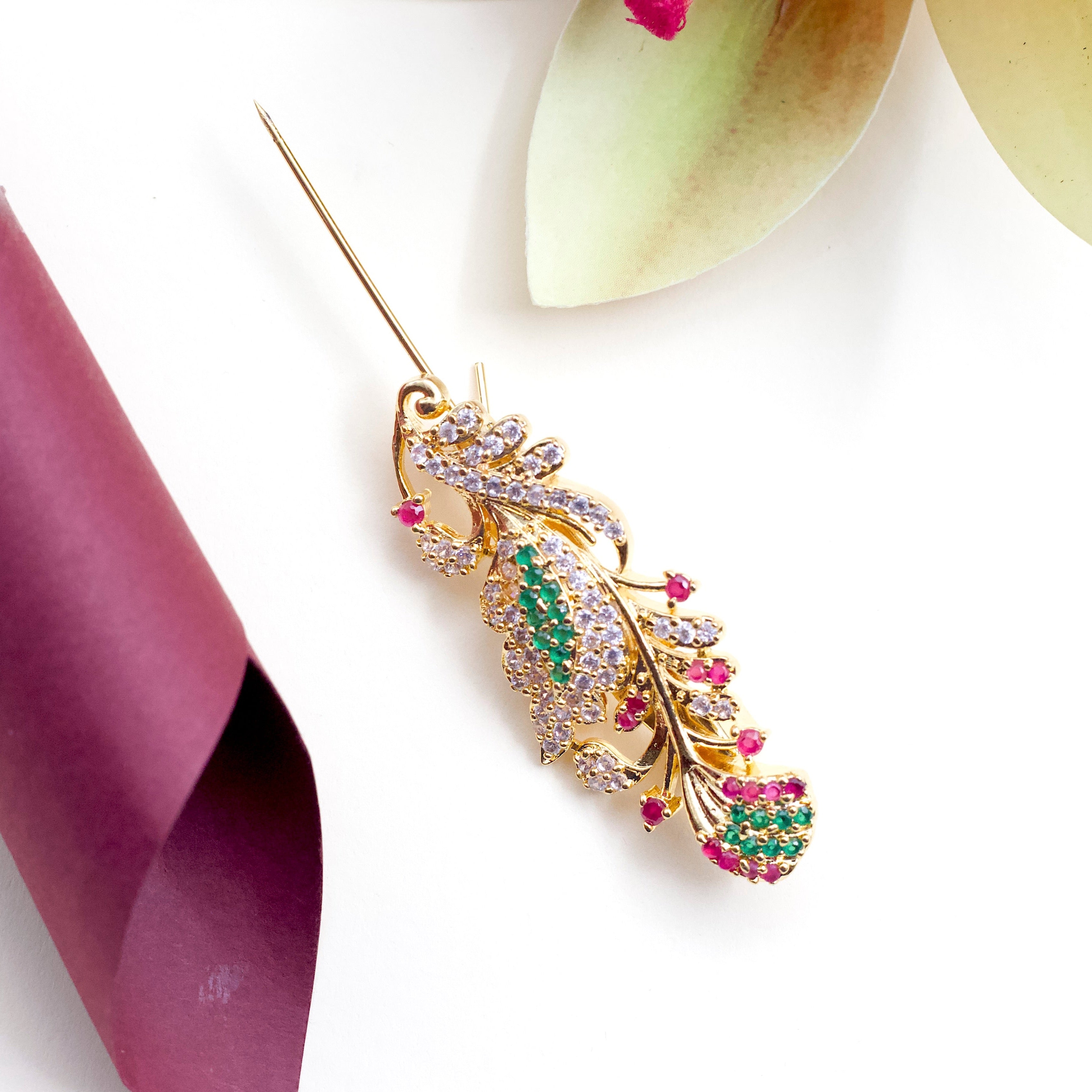 Micro Gold AD Designer Brooch Saree Pin - Leaf Flower