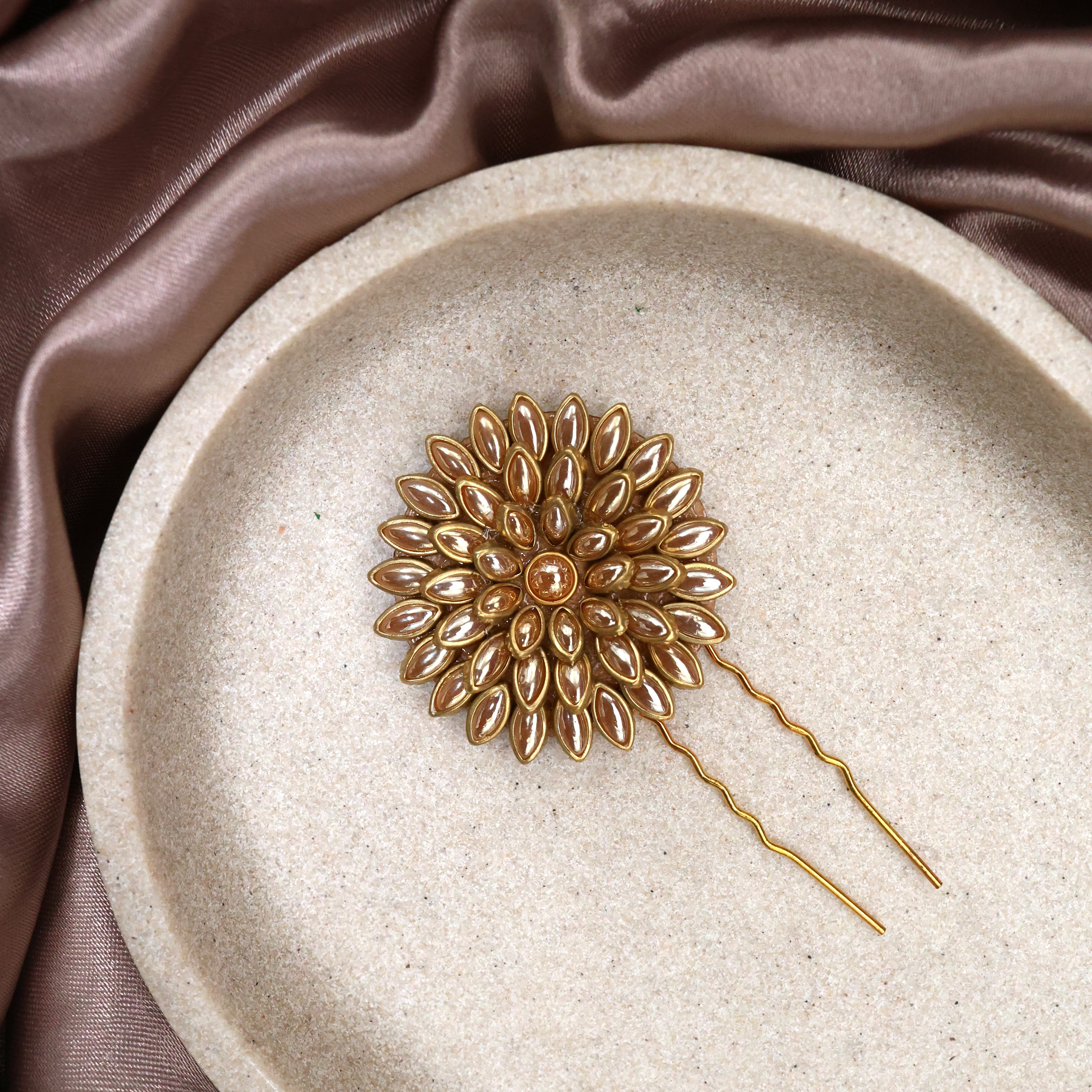 Handmade Kundan Gold Stone Flower Hair Pin - Flower U Pin