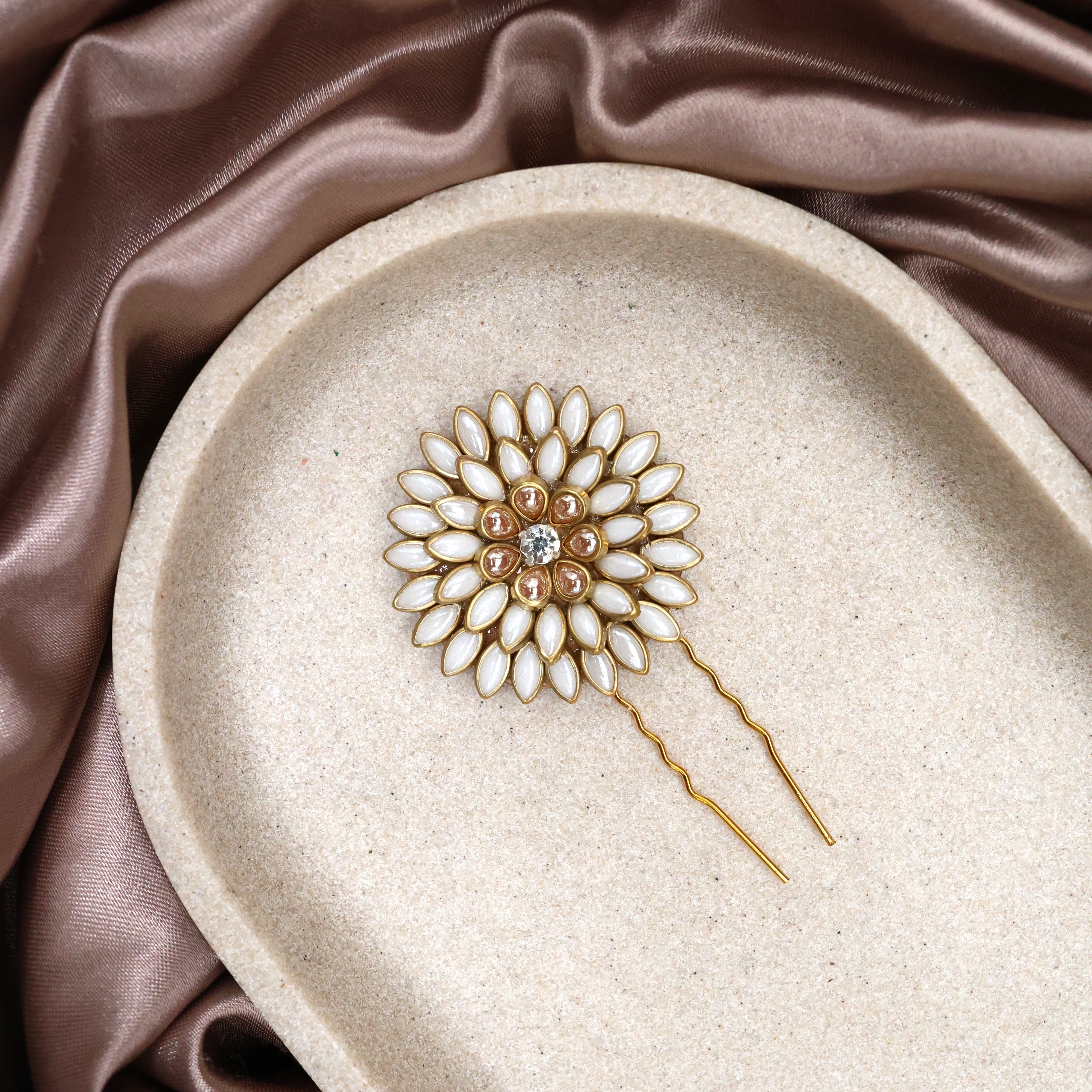 Handmade Kundan Pearl & Gold Stone Flower Hair Pin - Flower U Pin