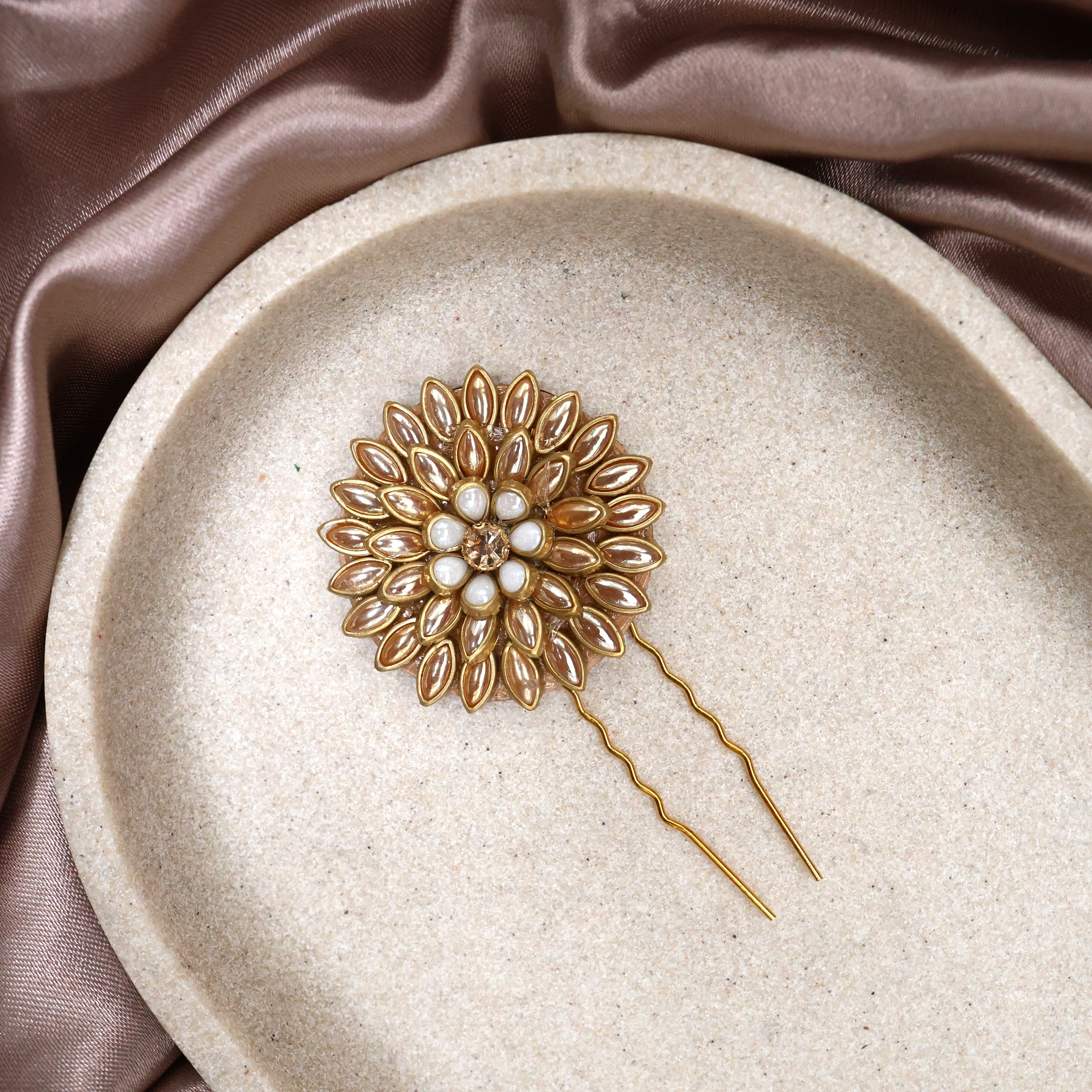 Handmade Pearl Kundan Gold AD Stone Flower Hair Pin - Flower U Pin