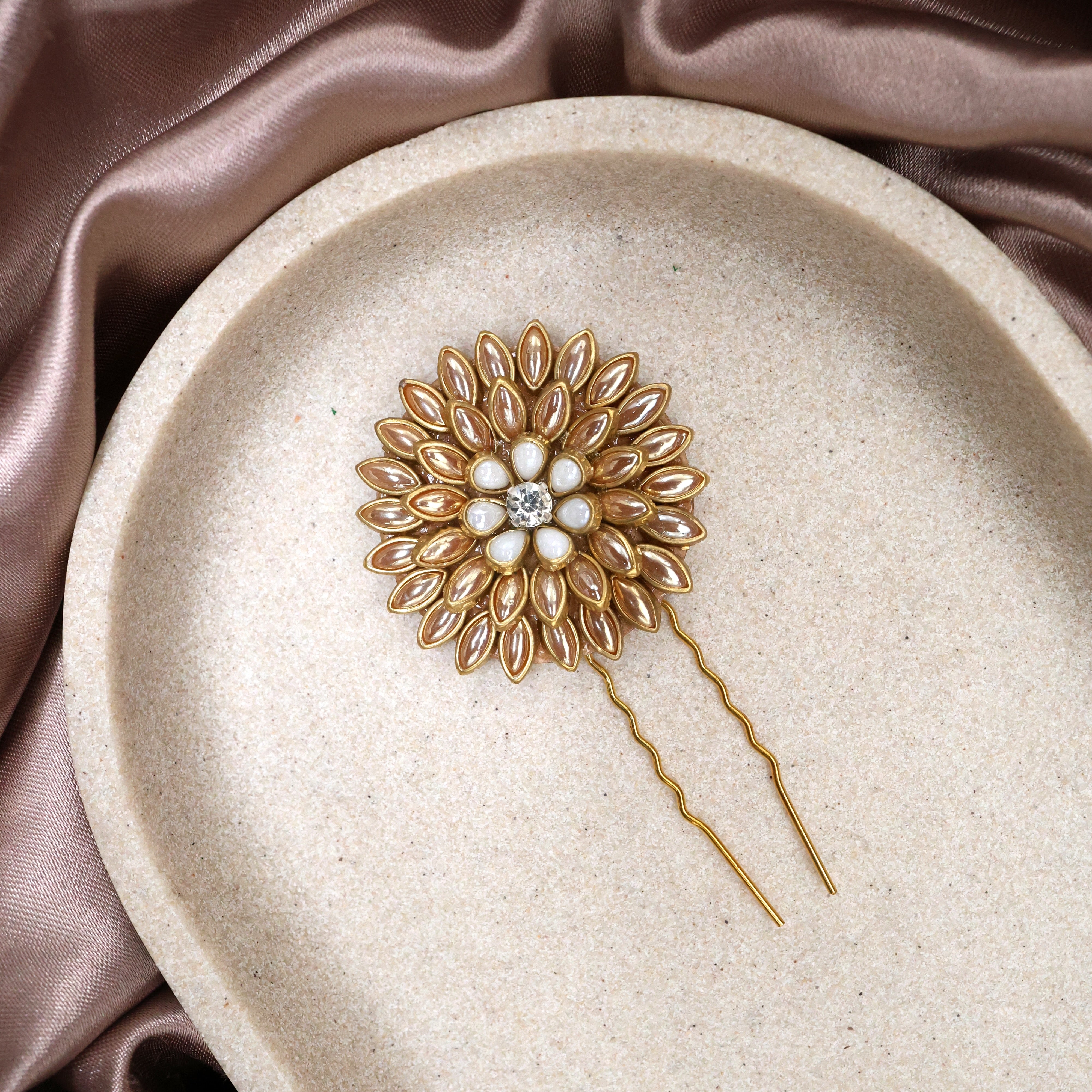 Handmade Kundan Pearl Gold AD Stone Flower Hair Pin - Flower U Pin