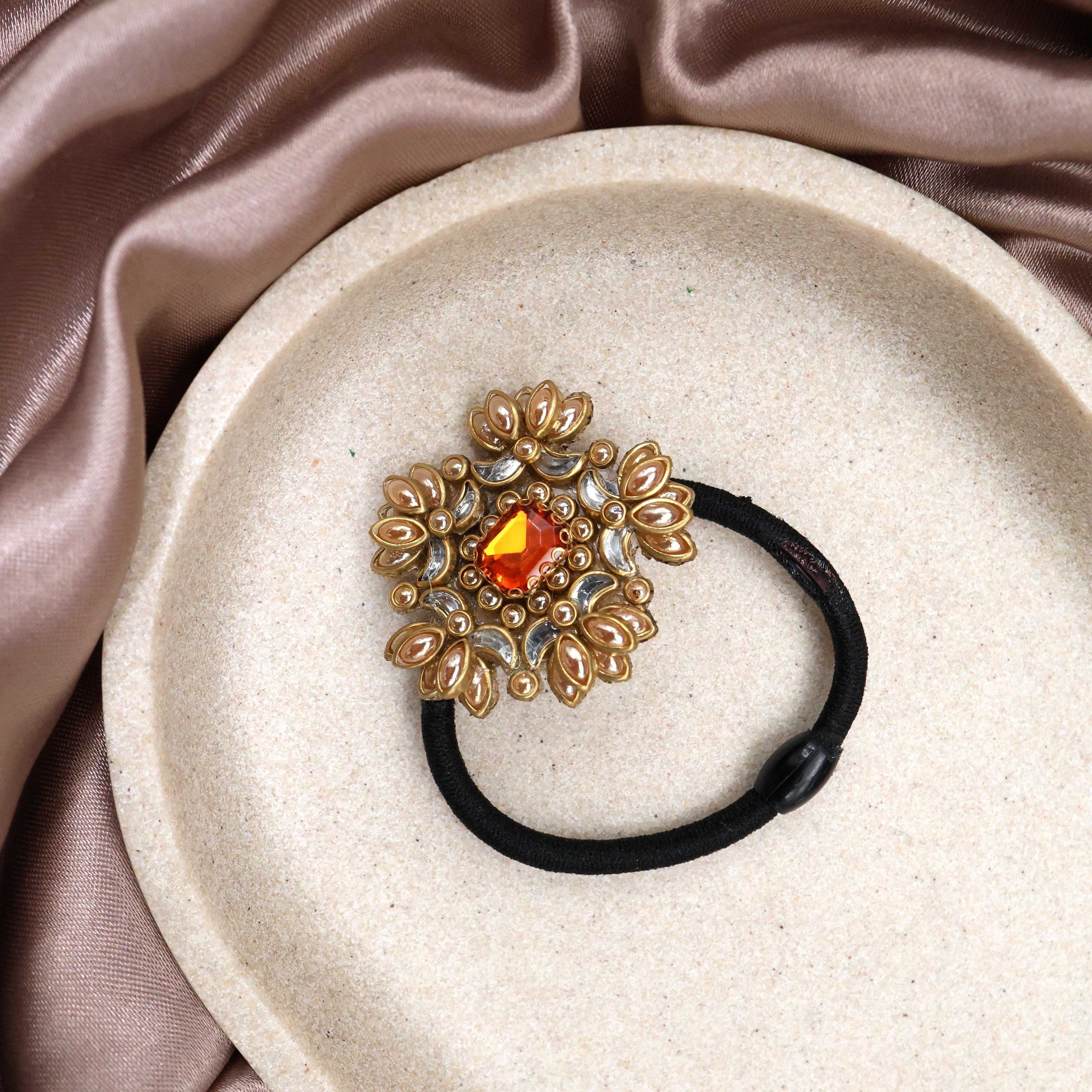 Handmade Kundan AD Stone Small Lotuses Hair Band - Golden Fire