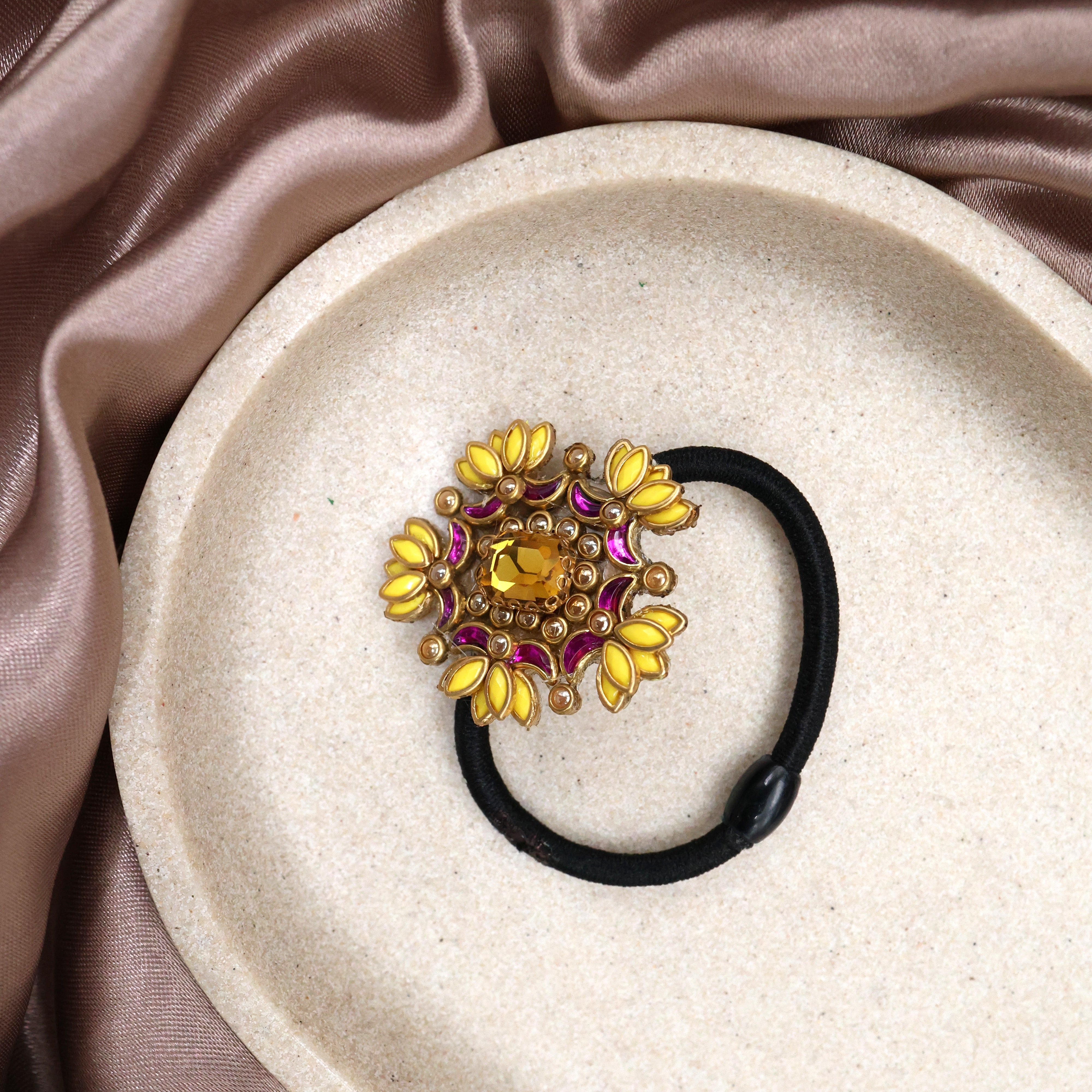 Handmade Kundan AD Stone Small Lotuses Hair Band - Rani & Yellow