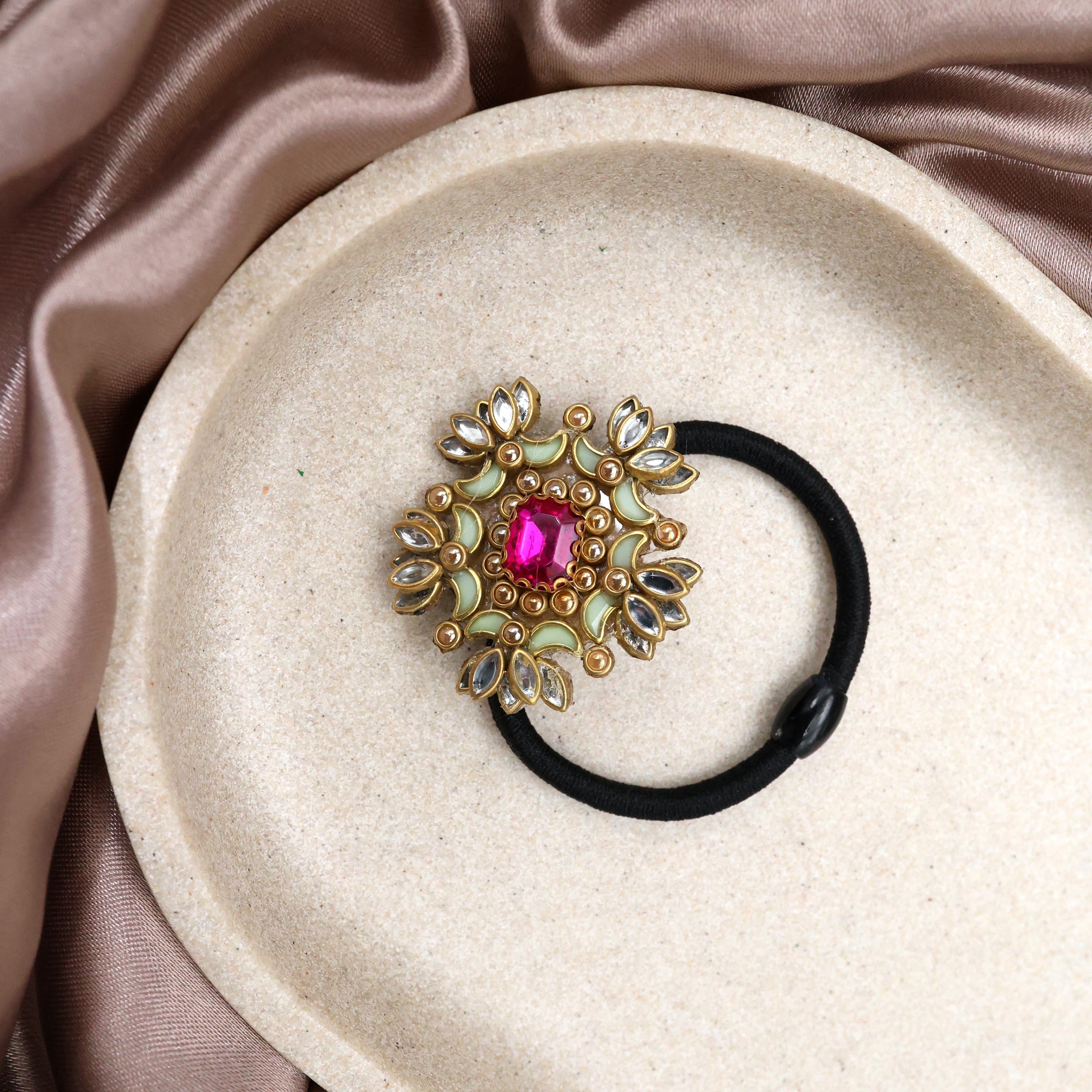 Handmade Kundan AD Stone Small Lotuses Hair Band - Mint Green & Rani