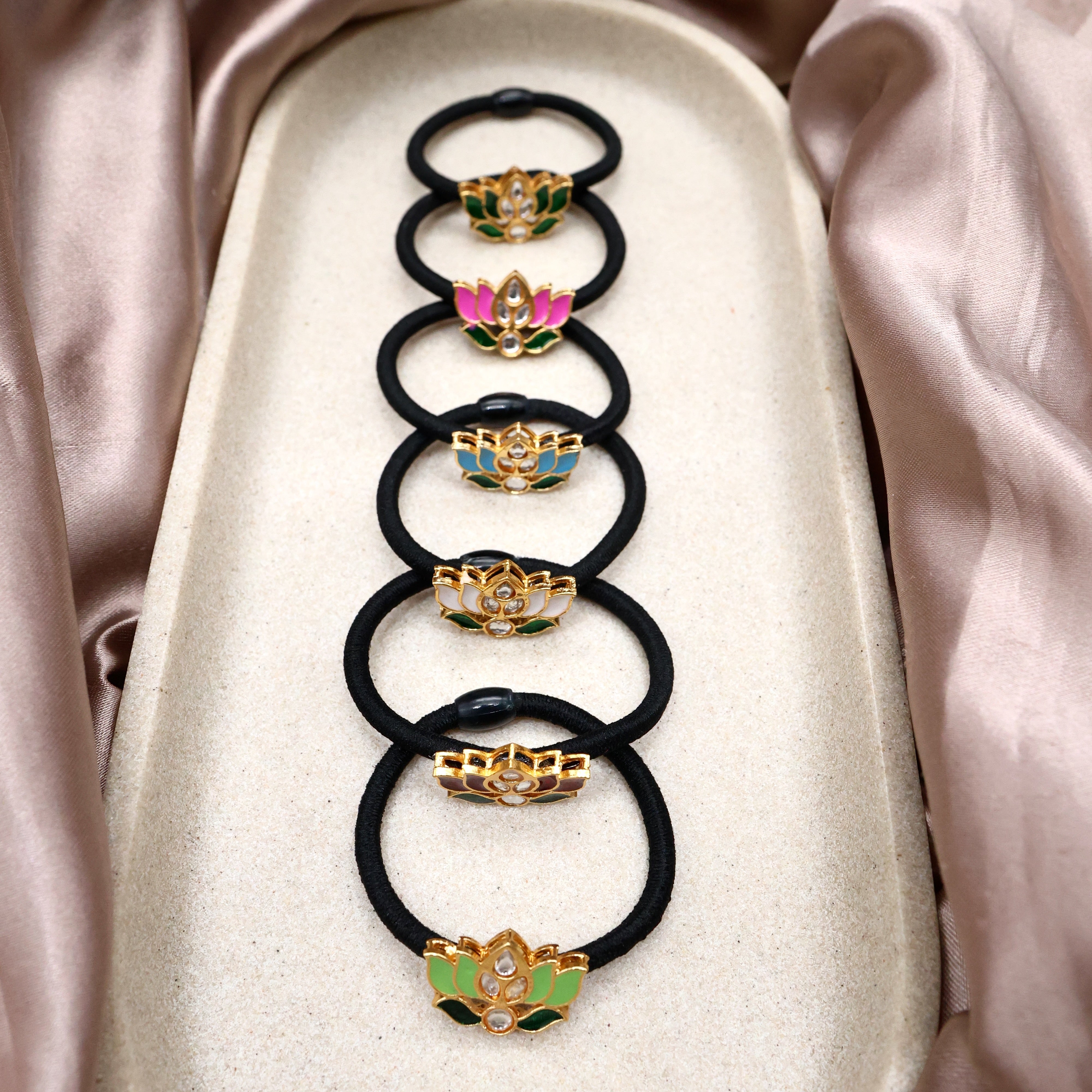 Pack Of 6 Kundan Lotus Hair Bands ( Assorted Colours )