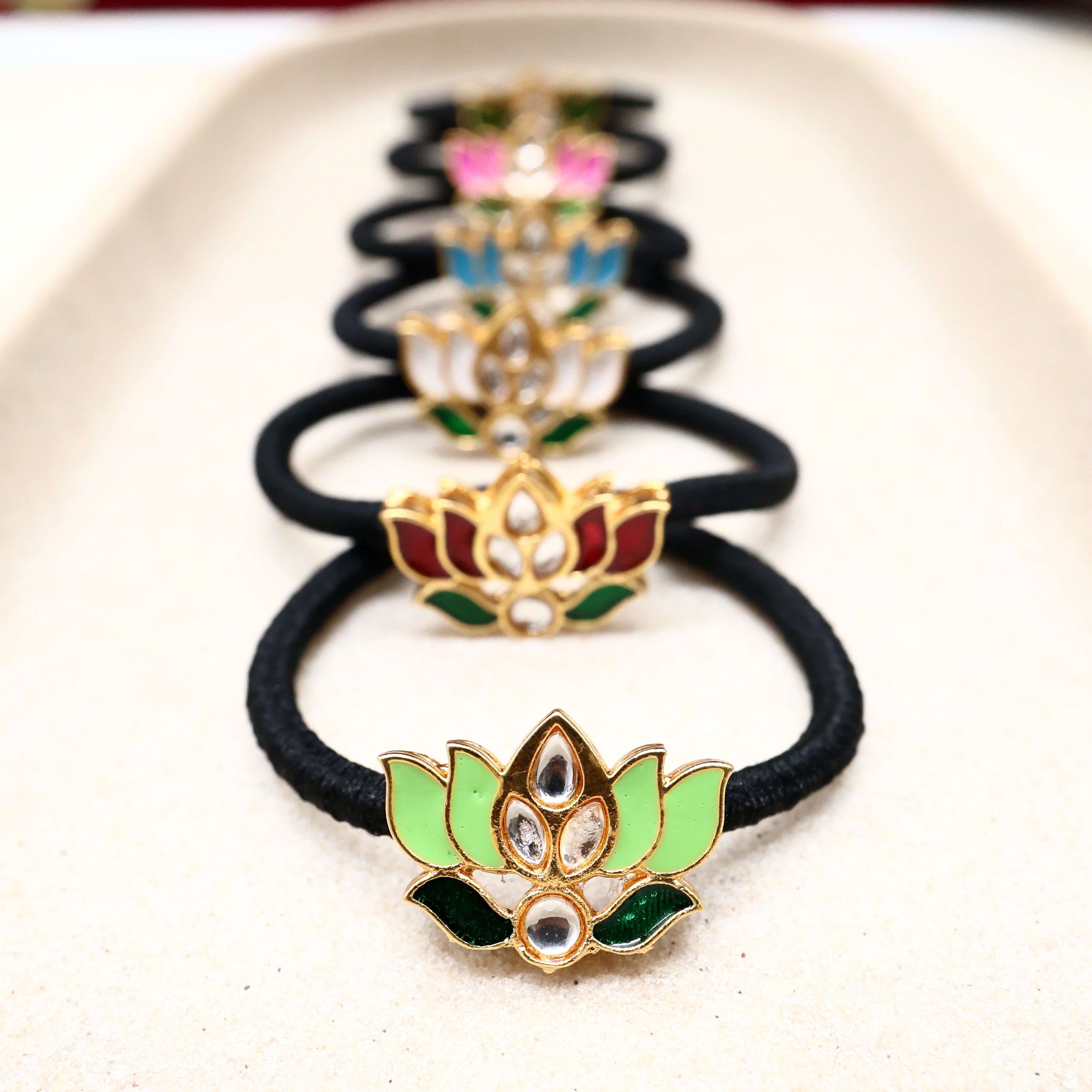 Pack Of 6 Kundan Lotus Hair Bands ( Assorted Colours )
