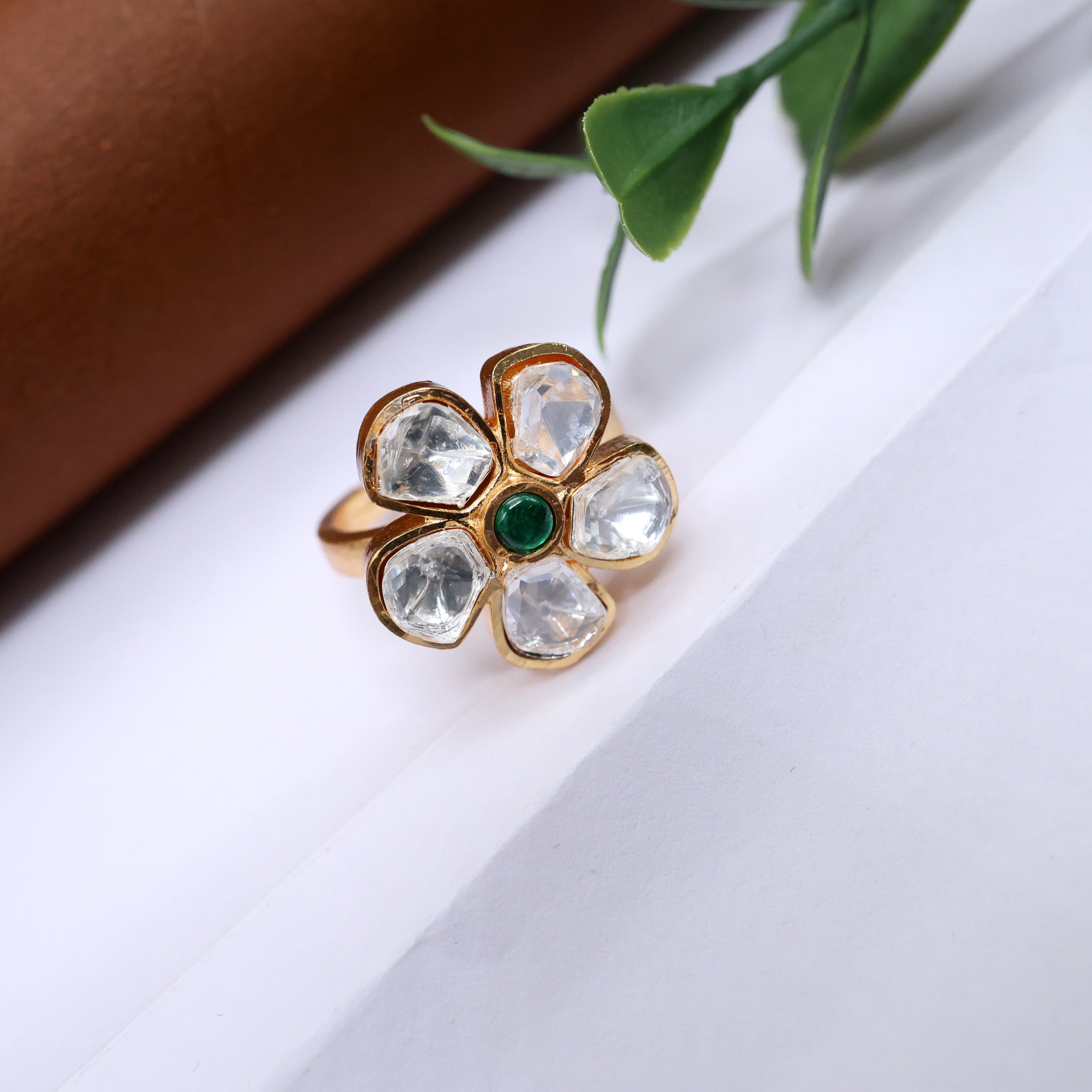 Premium Moissanite Cute Flower Adjustable Finger Ring - Green