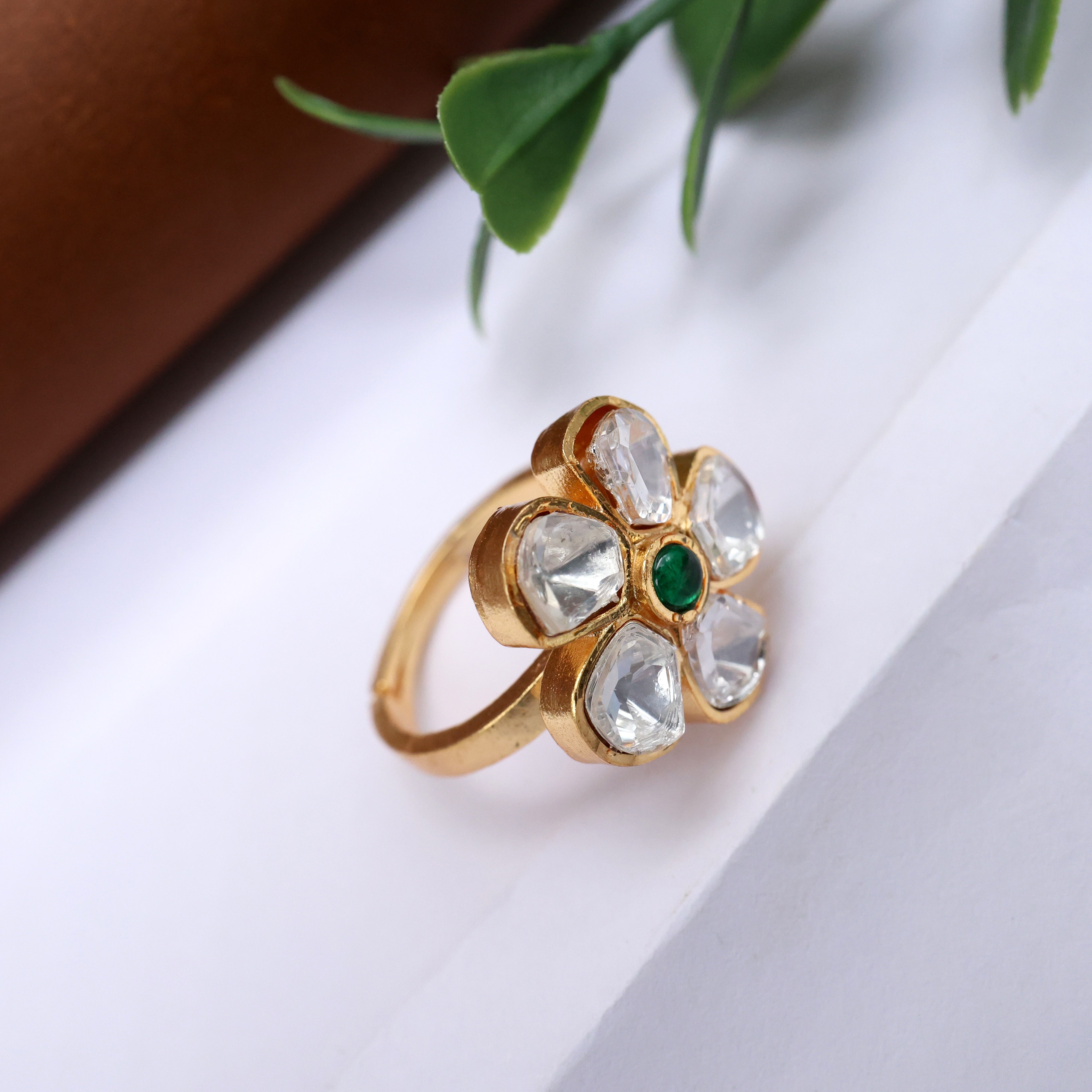 Premium Moissanite Cute Flower Adjustable Finger Ring - Green