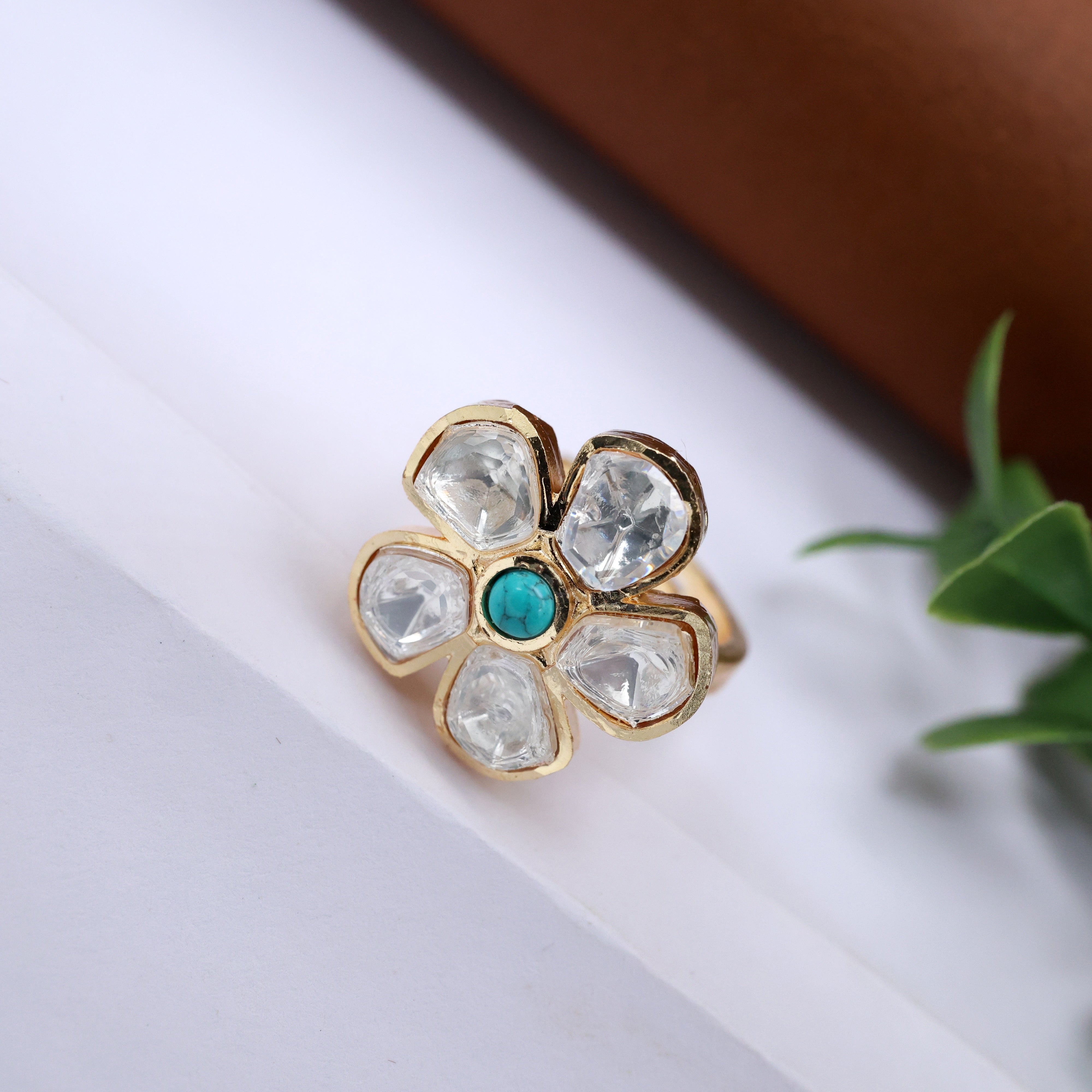 Premium Moissanite Cute Flower Adjustable Finger Ring - Turquoise