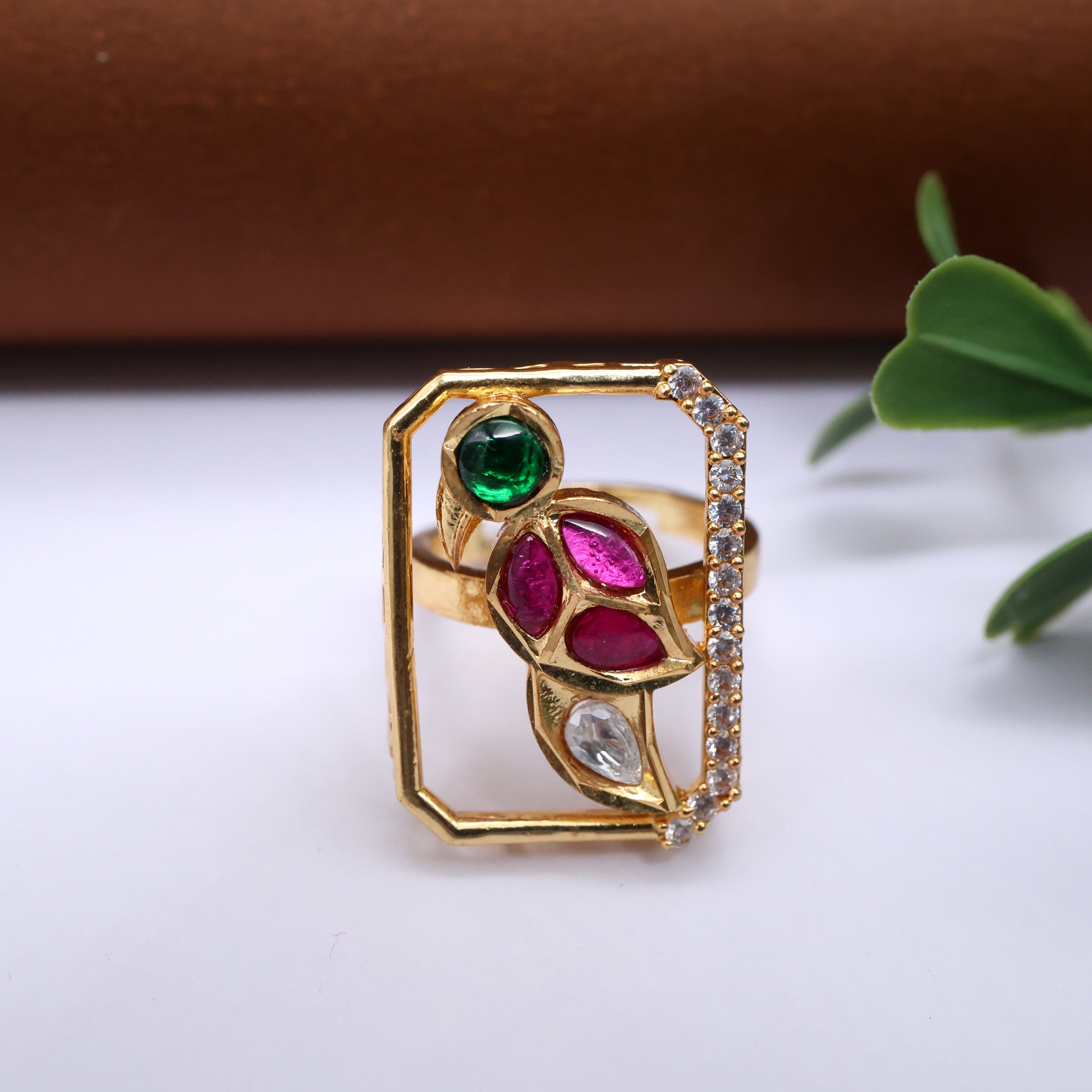 Premium Moissanite Peacock Adjustable Finger Ring - Ruby, Green & White