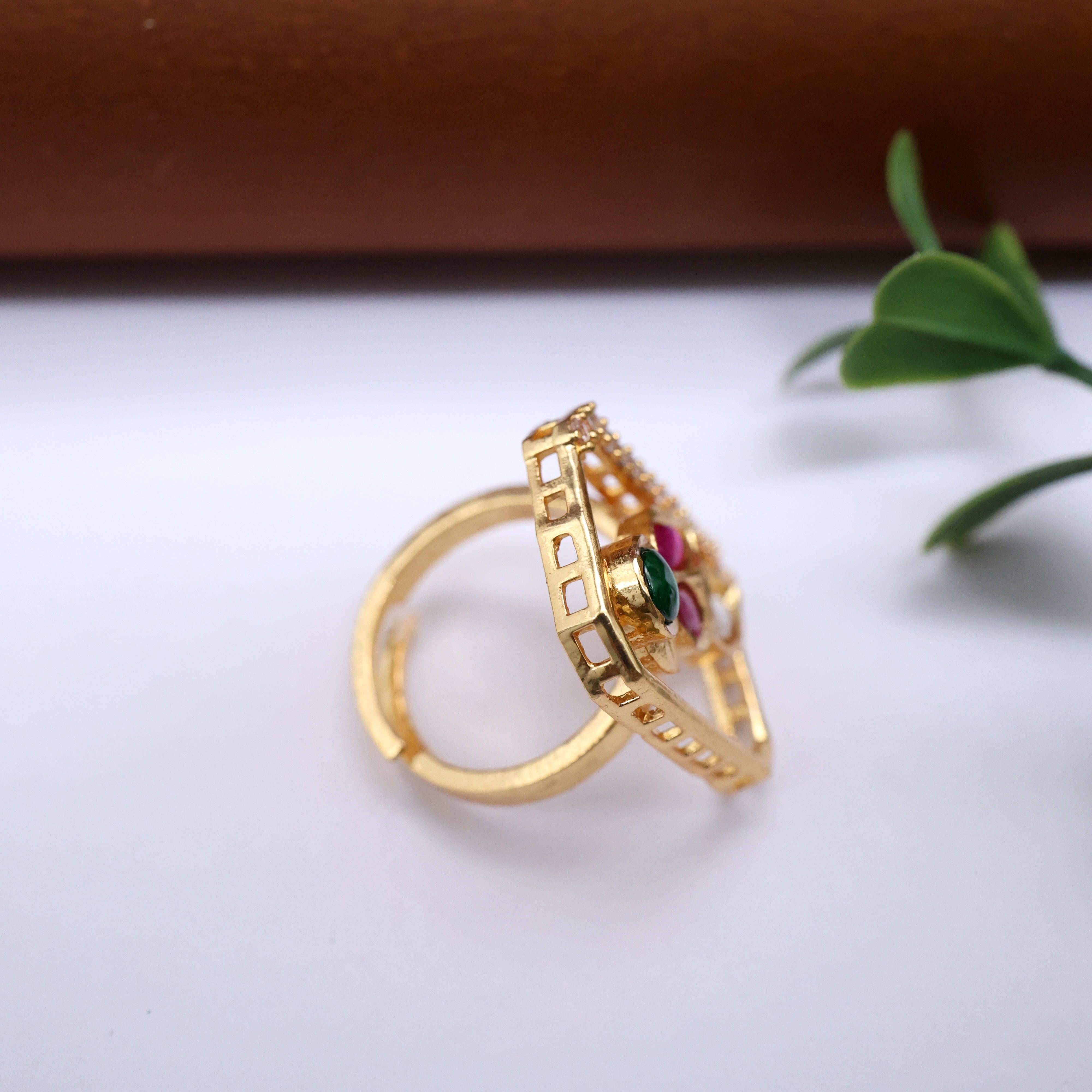 Premium Moissanite Peacock Adjustable Finger Ring - Ruby, Green & White