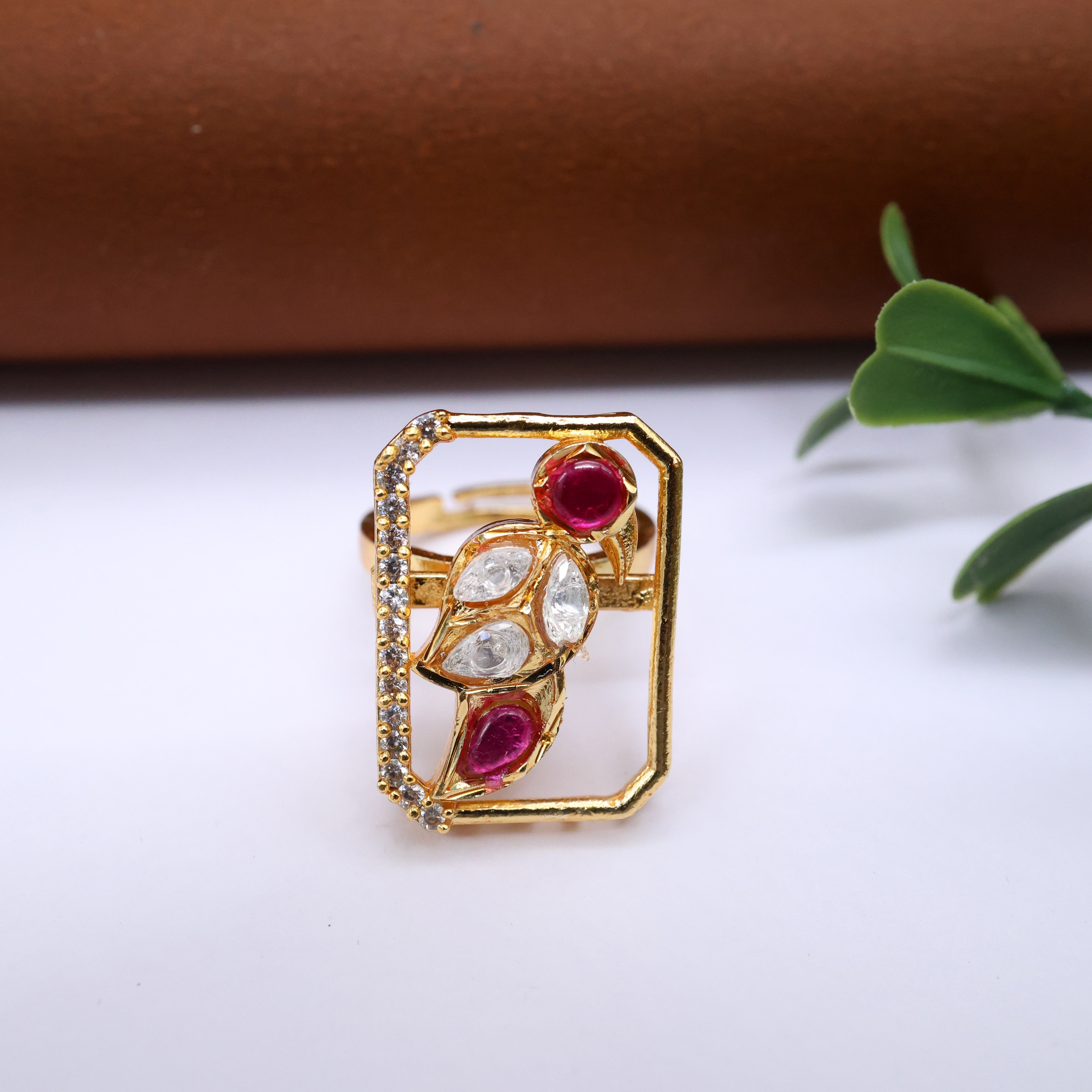 Premium Moissanite Peacock Adjustable Finger Ring - Ruby