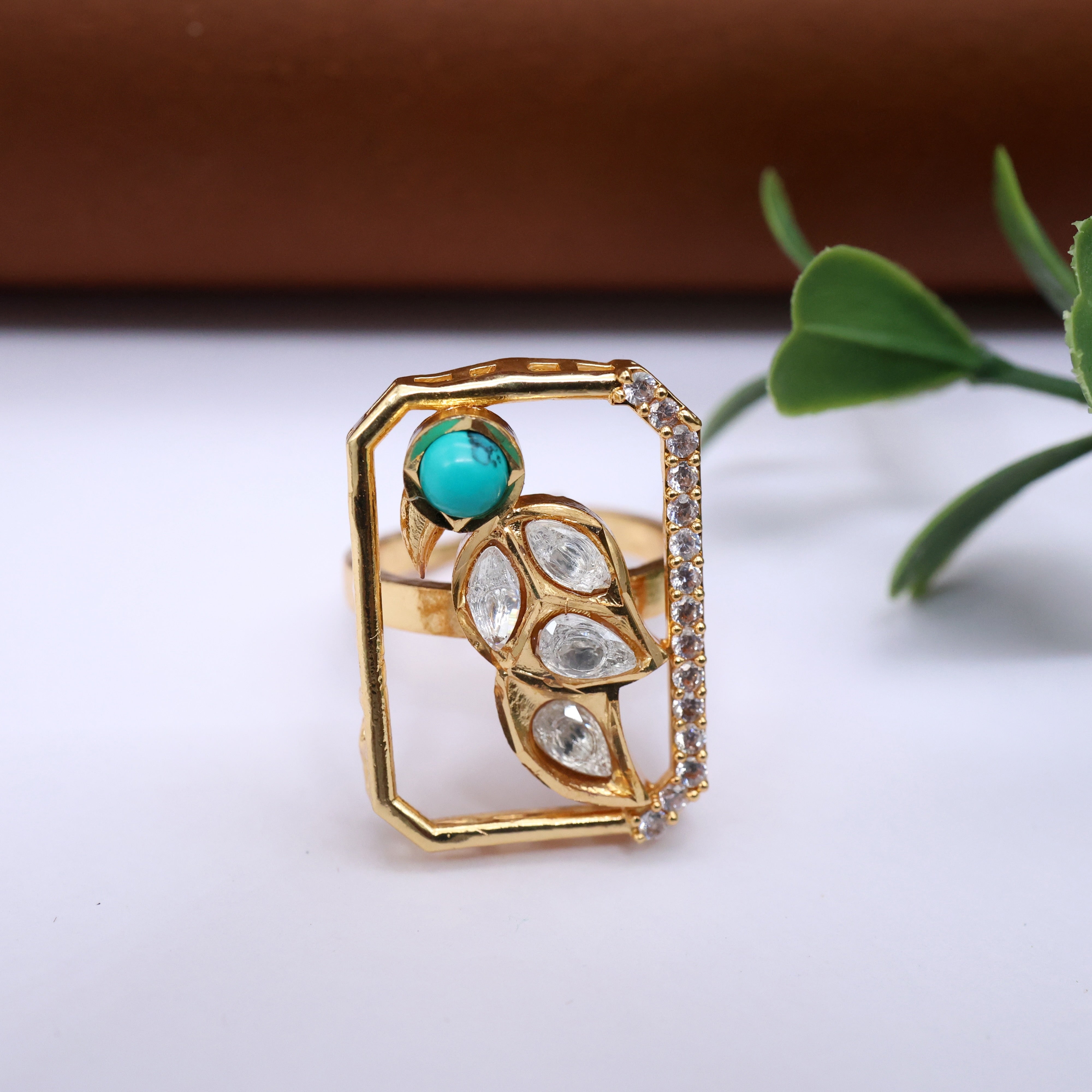 Premium Moissanite Peacock Adjustable Finger Ring - Green