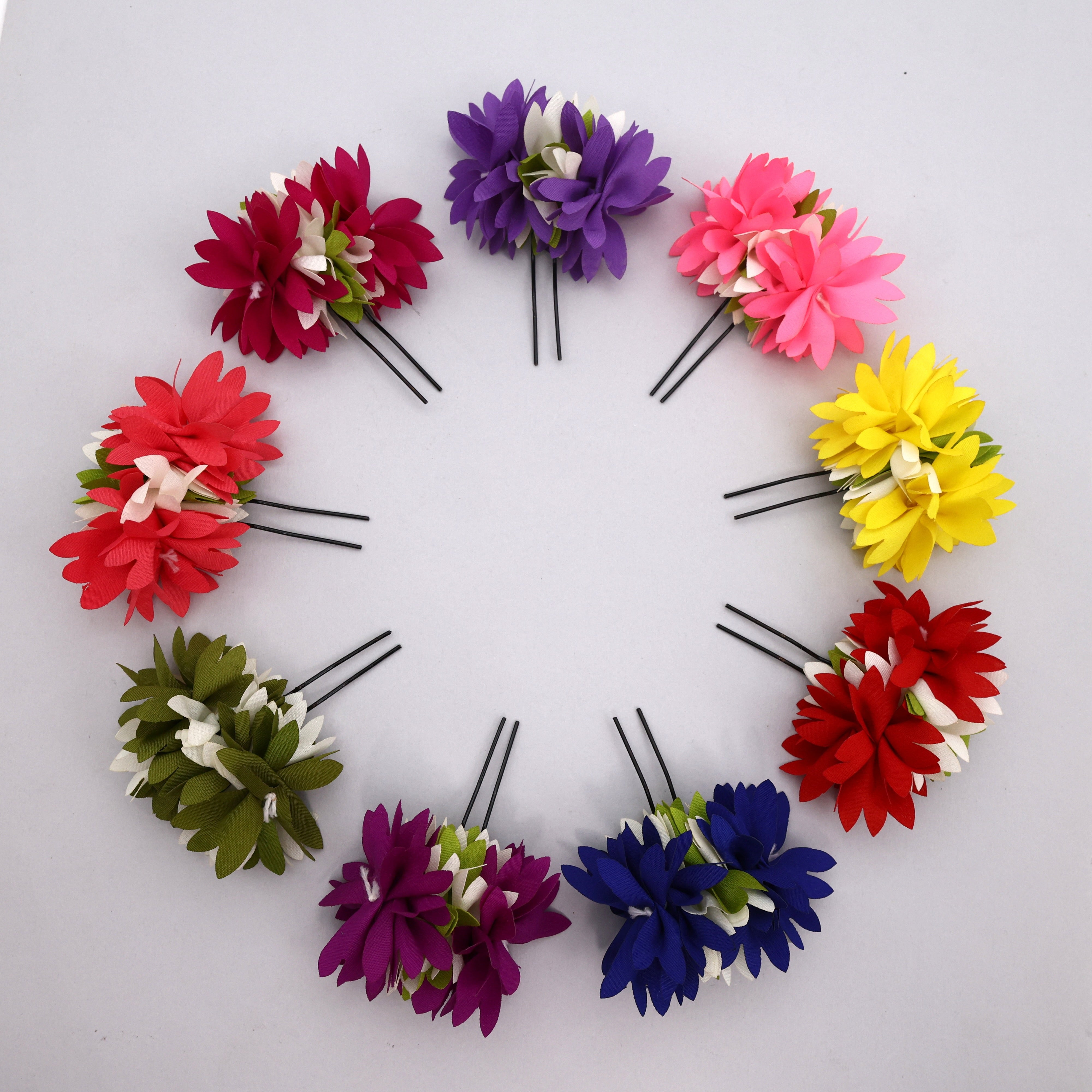 Pack of 6 Handmade Pichi Poo Kadhambam Flower U Pins - Assorted Colours
