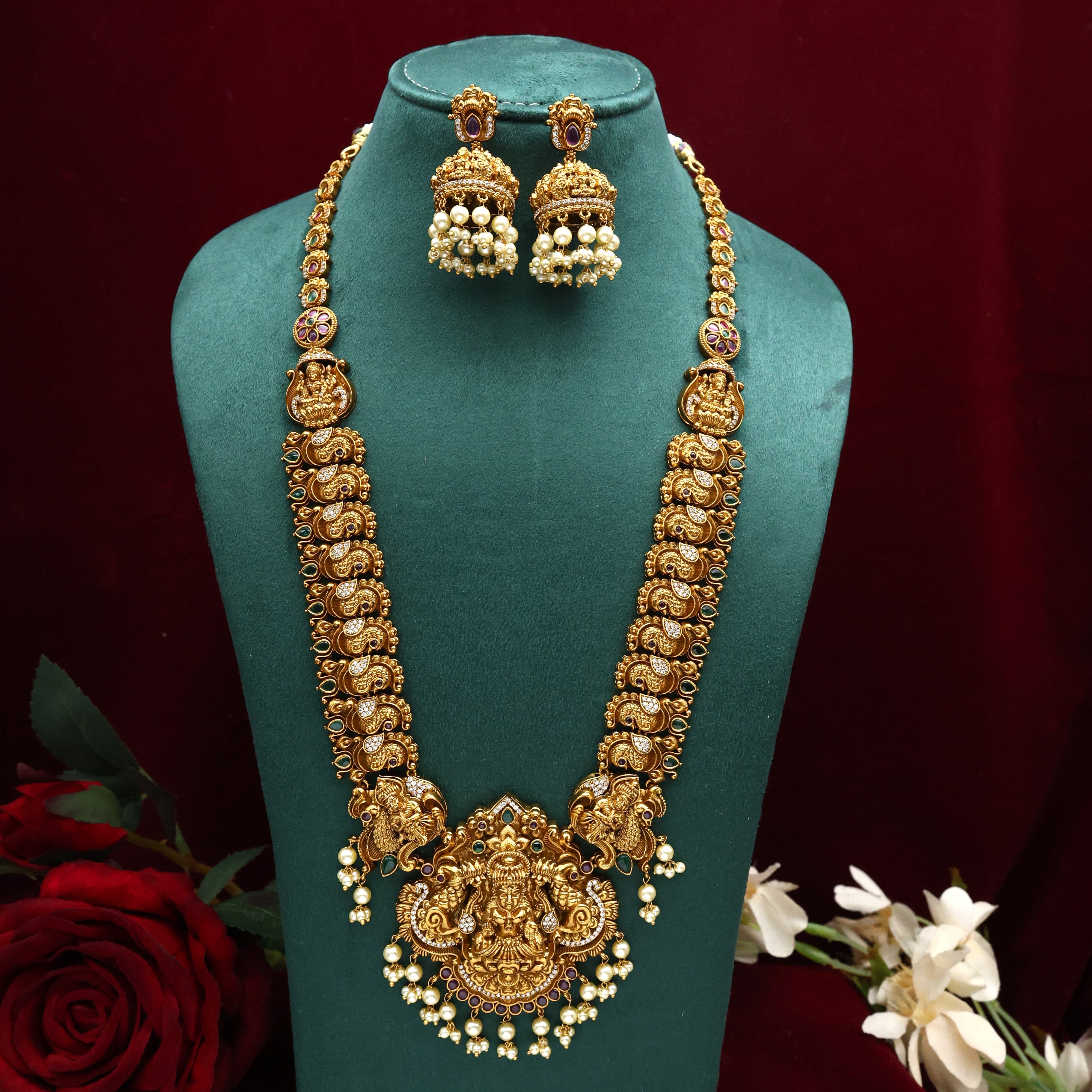 Antique Gold Heavy Nagas Work Mahalskhmi Devi Bridal Haaram Set