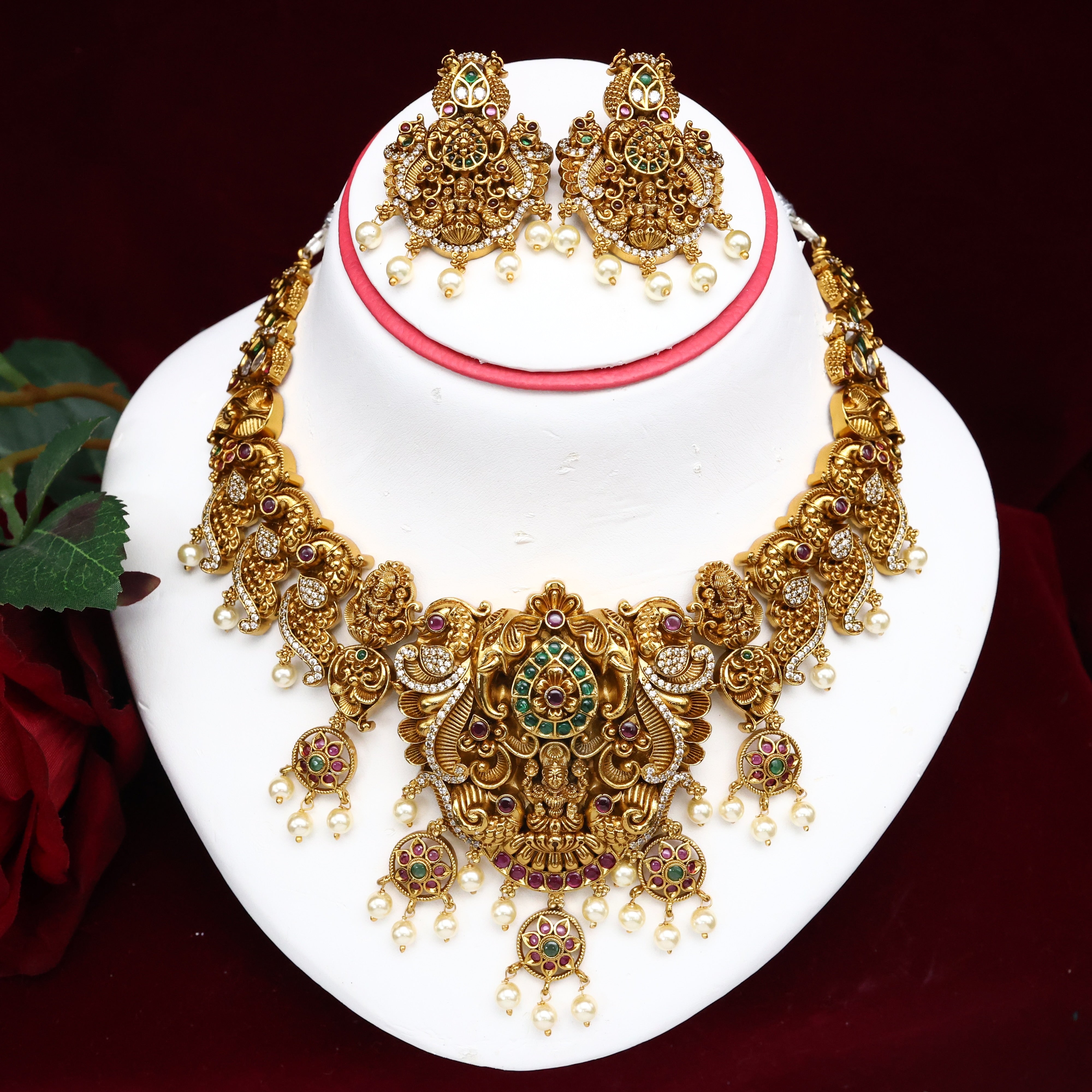 Antique Gold Flower Butta Lakshmi Devi Bridal Necklace Set