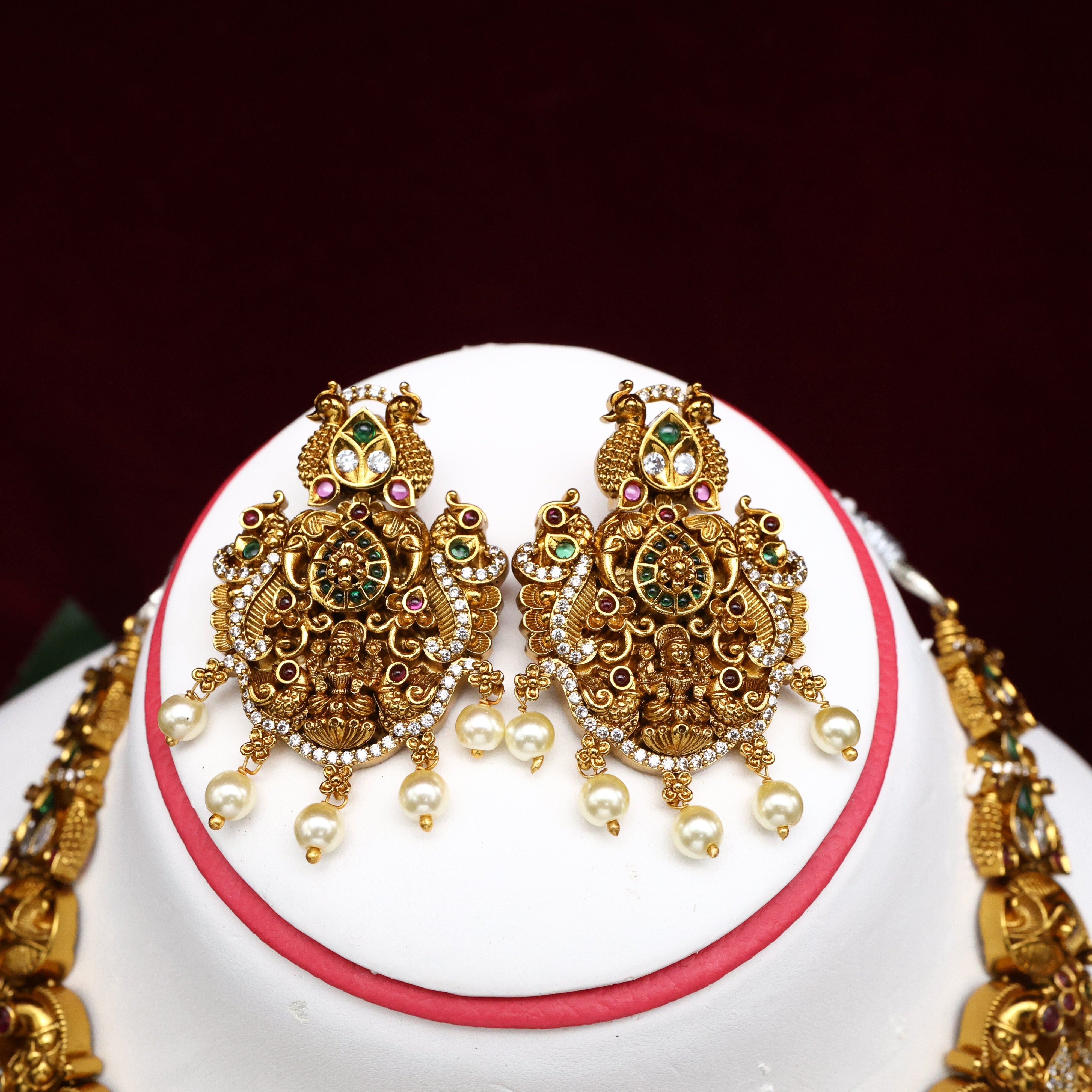 Antique Gold Flower Butta Lakshmi Devi Bridal Necklace Set