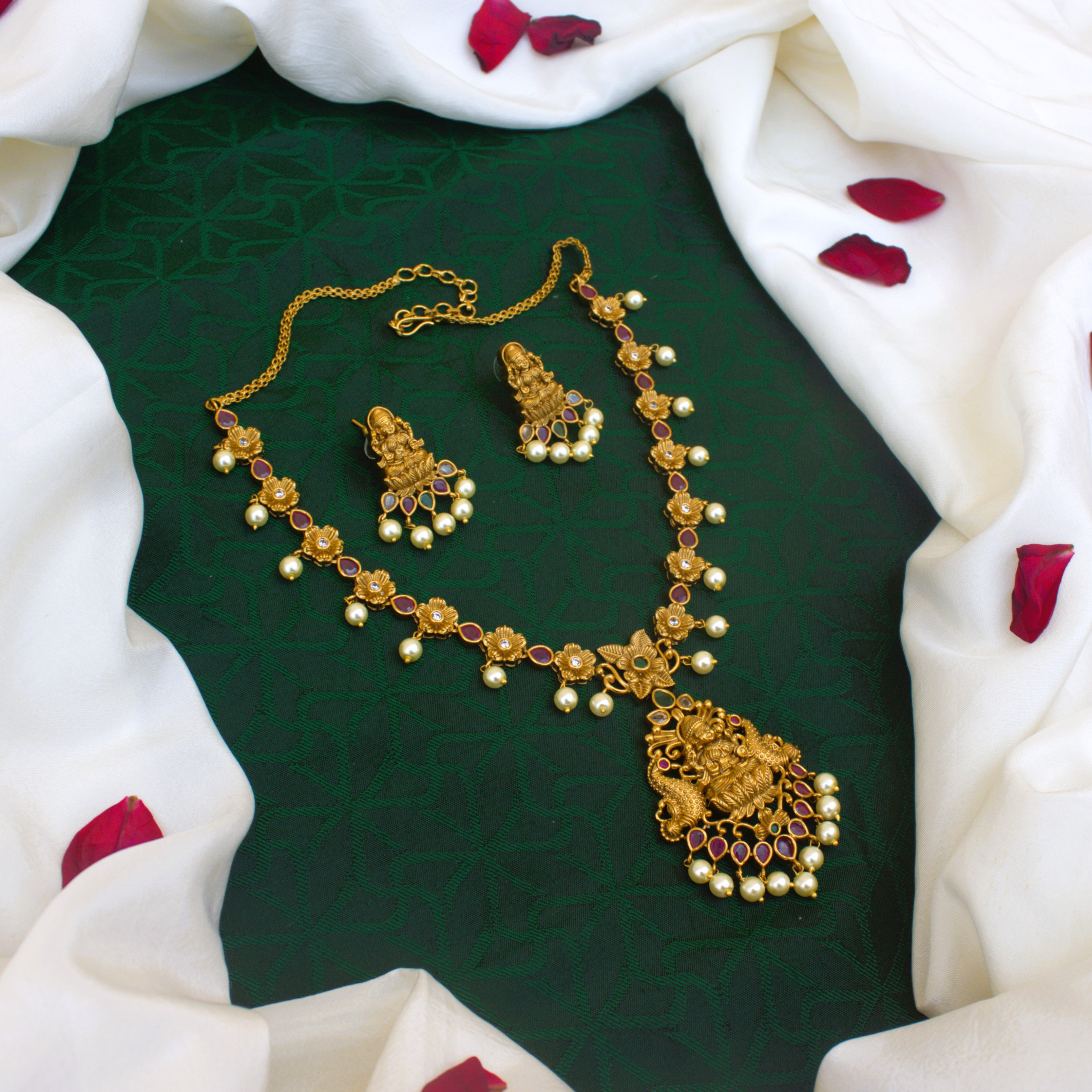 Antique Matte Light Weight AD Lakshmi Necklace Set