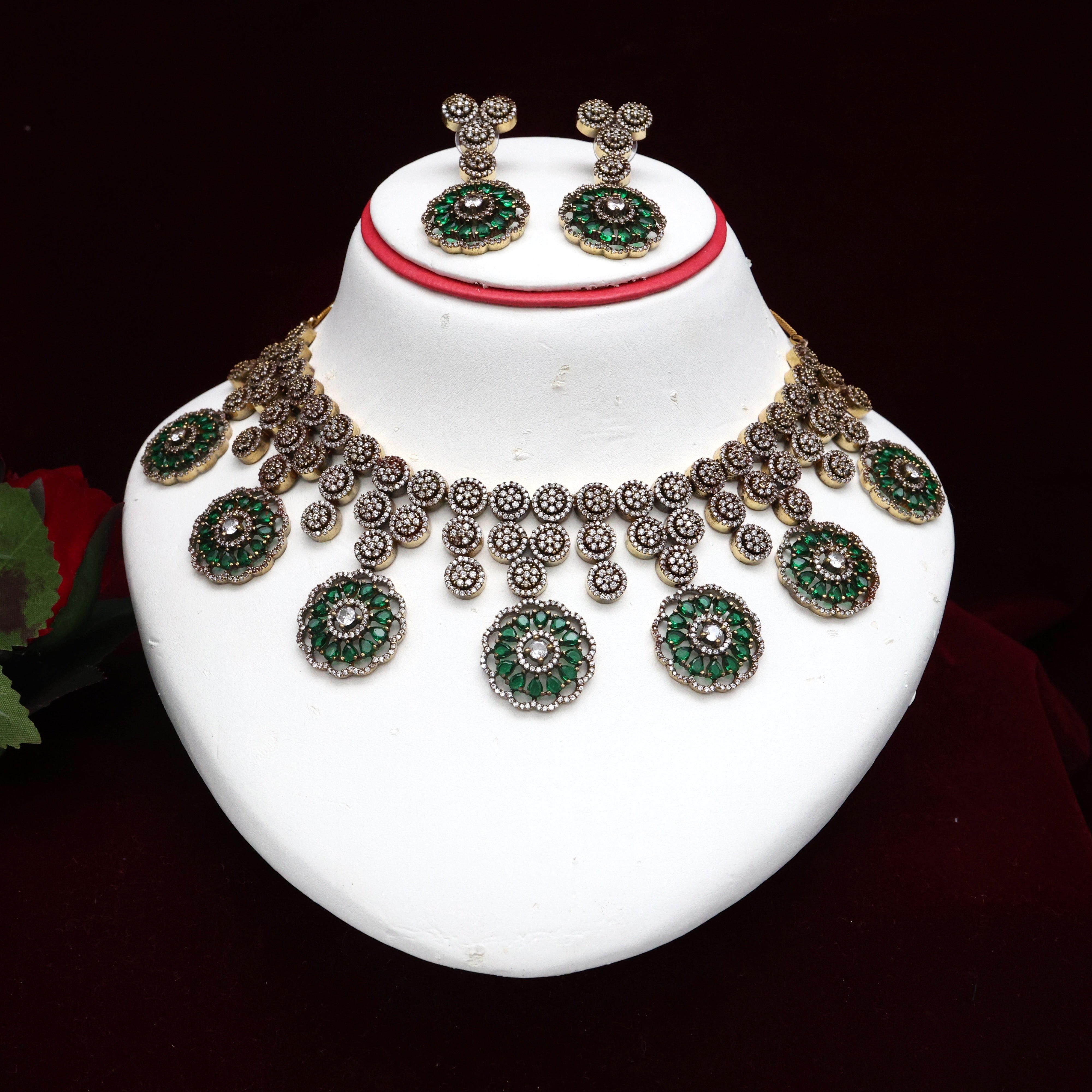Diamond Look AD Flower Chakris Bridal Necklace Set - Emerald