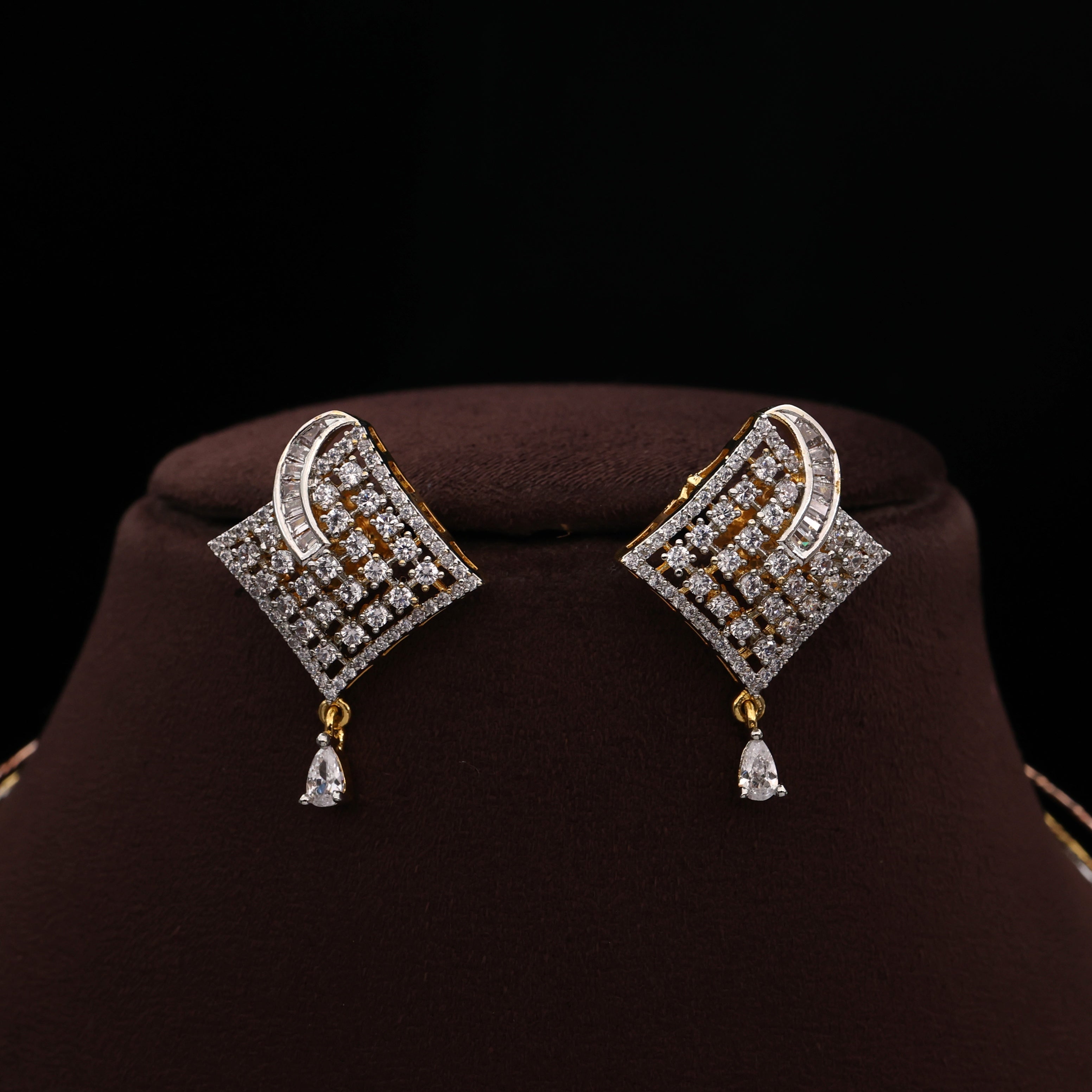 Diamond Look Premium Double Drop Pendant 3 Tone Hasli Set