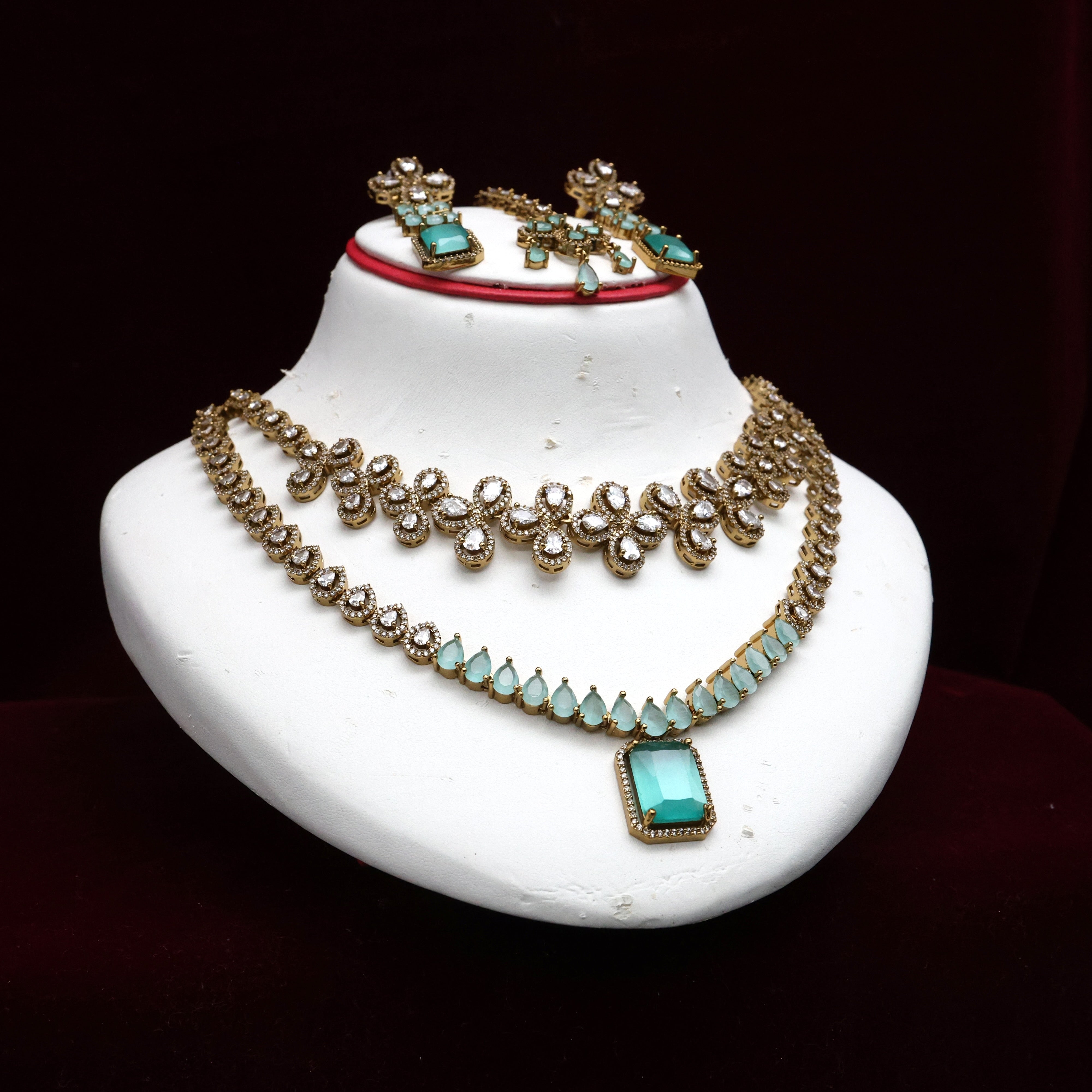 Victorian Double Layer Diamond Look Stones Semi Bridal Necklace Set - Copper Sulphate Blue