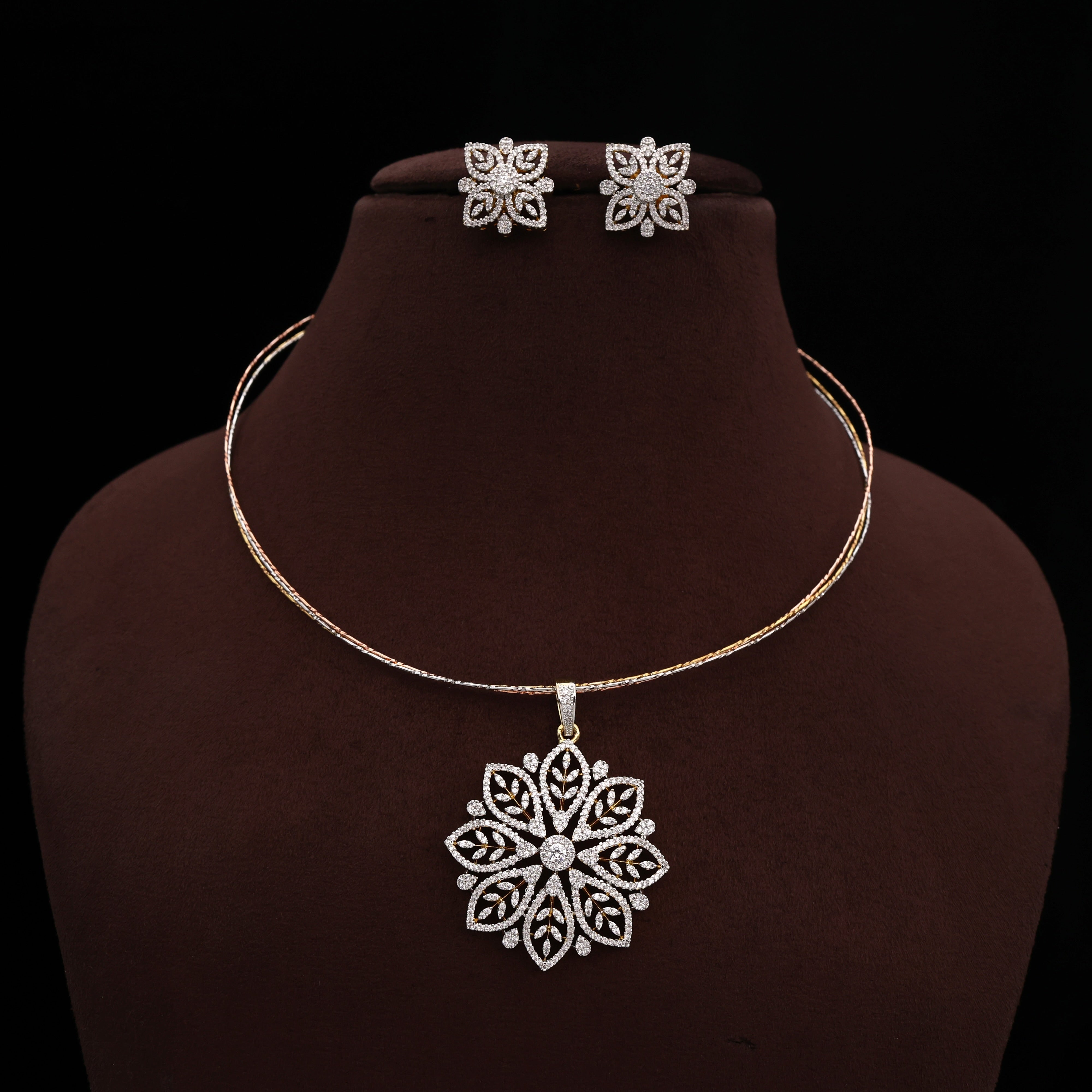 Diamond Look Premium Leaf Flower Pendant 3 Tone Hasli Set