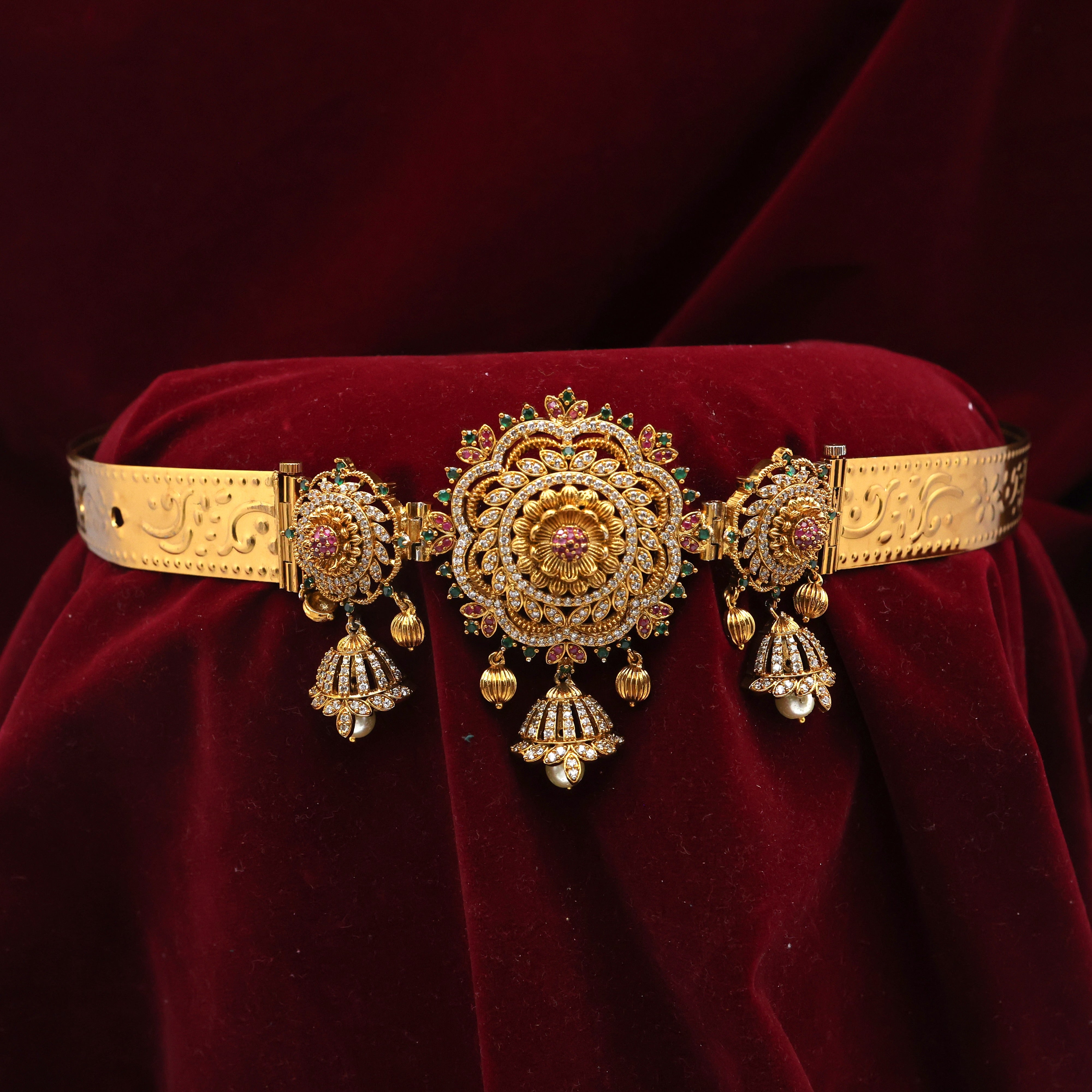 Gold Look Flower Jhumka Drops AD Diamond Look Kids Adjustable Hip Belt