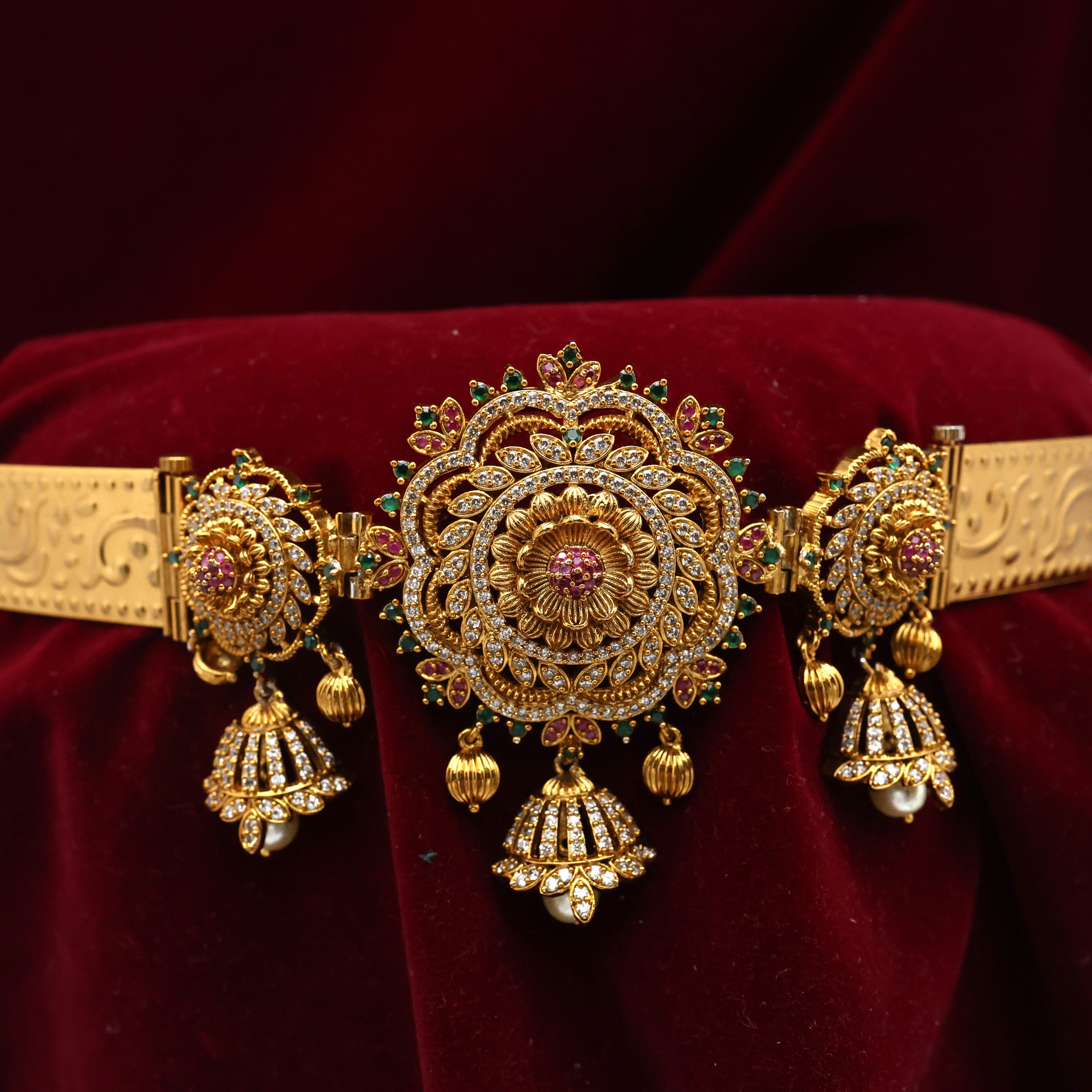 Gold Look Flower Jhumka Drops AD Diamond Look Kids Adjustable Hip Belt