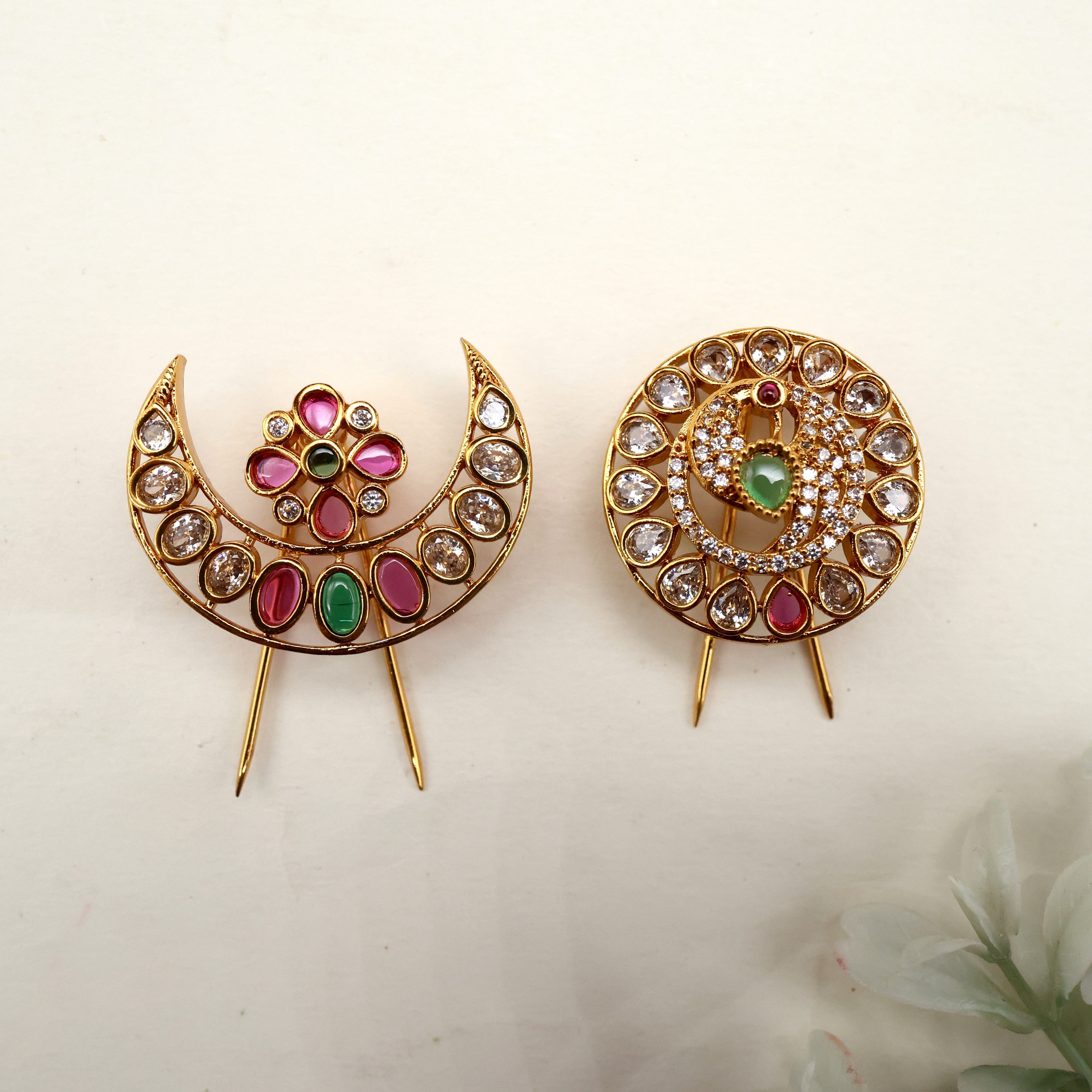 Antique AD Peacock Flower Bridal Sun Moon Chotis - Suryan Chandran Billais