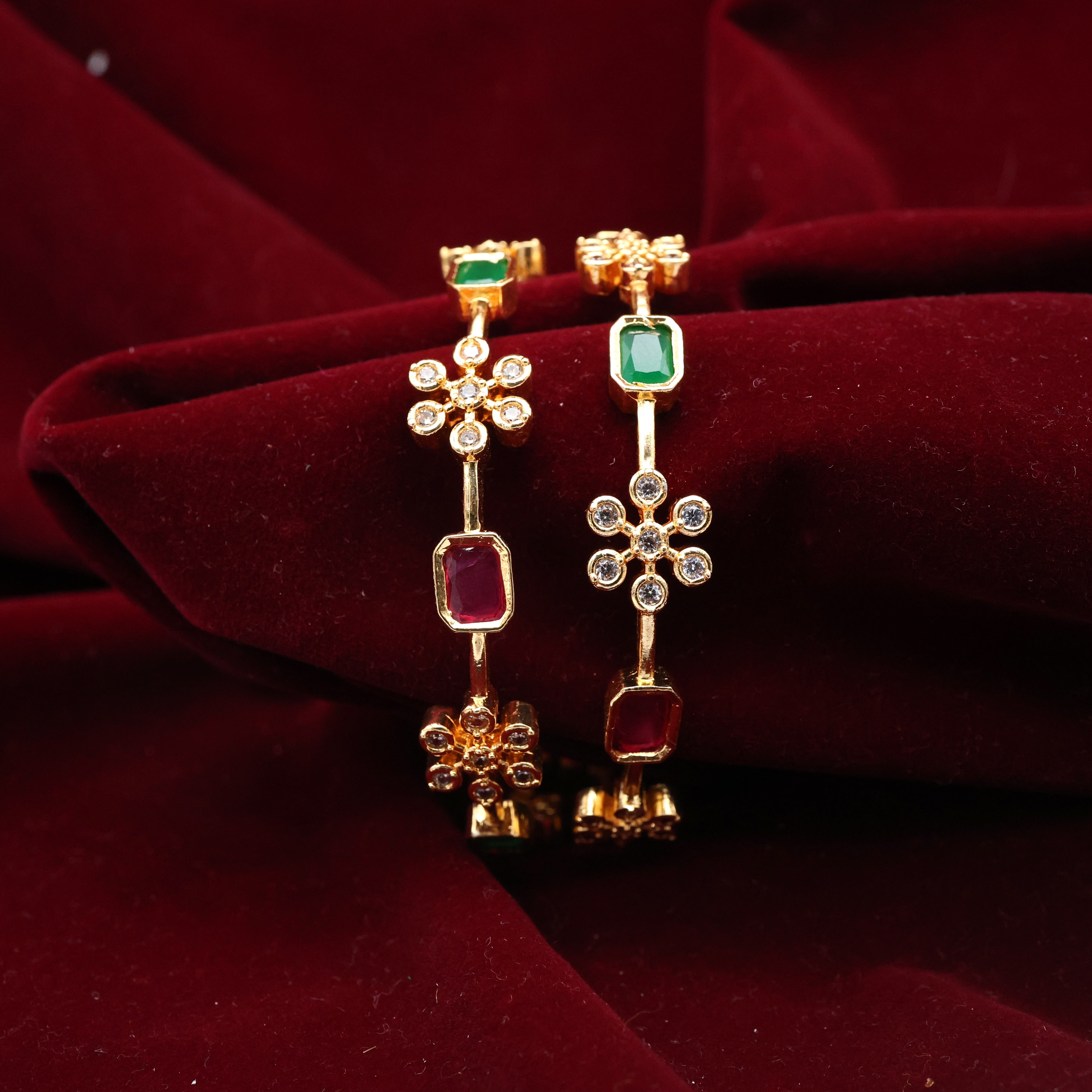 Gold Tone Pancha Ratna AD Flower Bangles