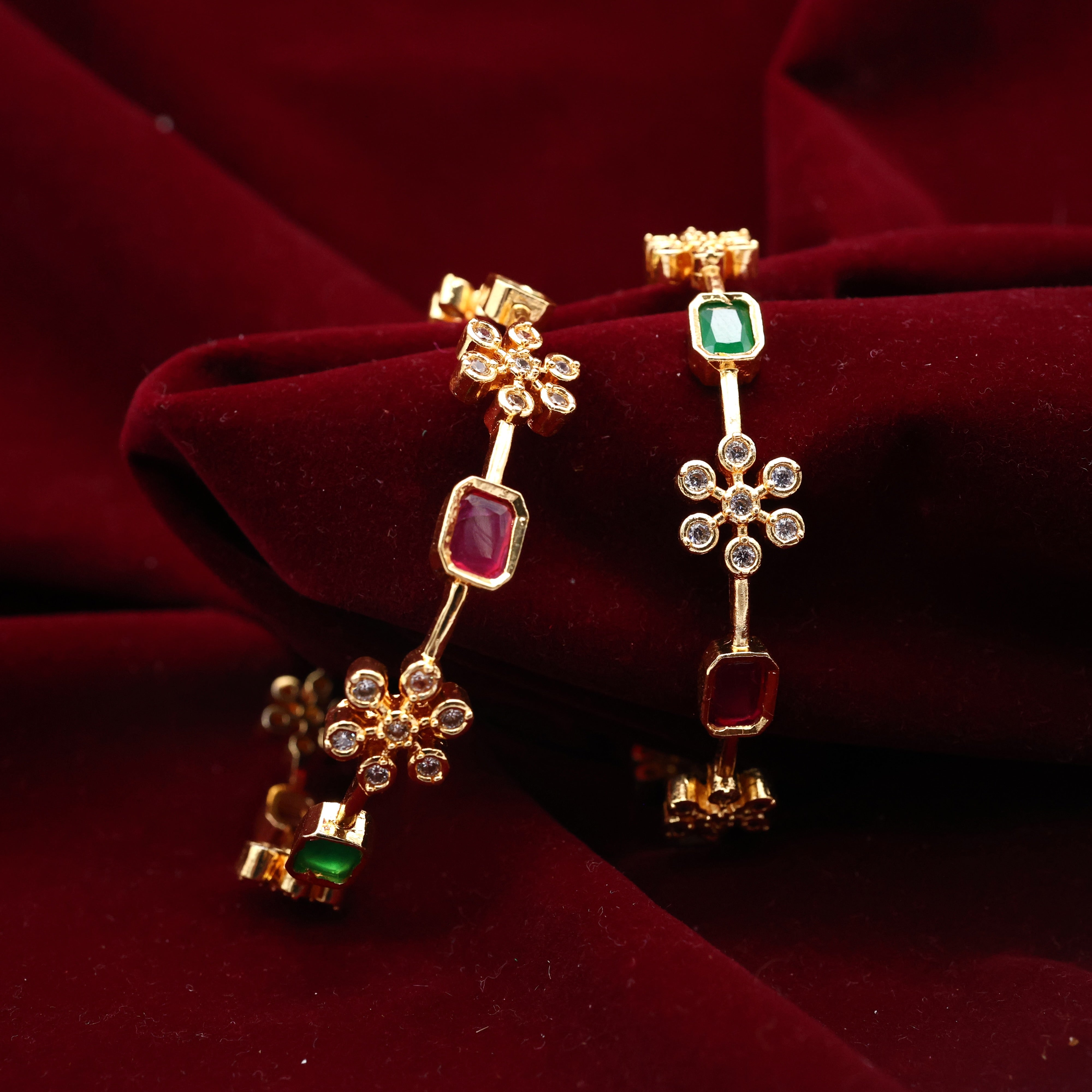 Gold Tone Pancha Ratna AD Flower Bangles