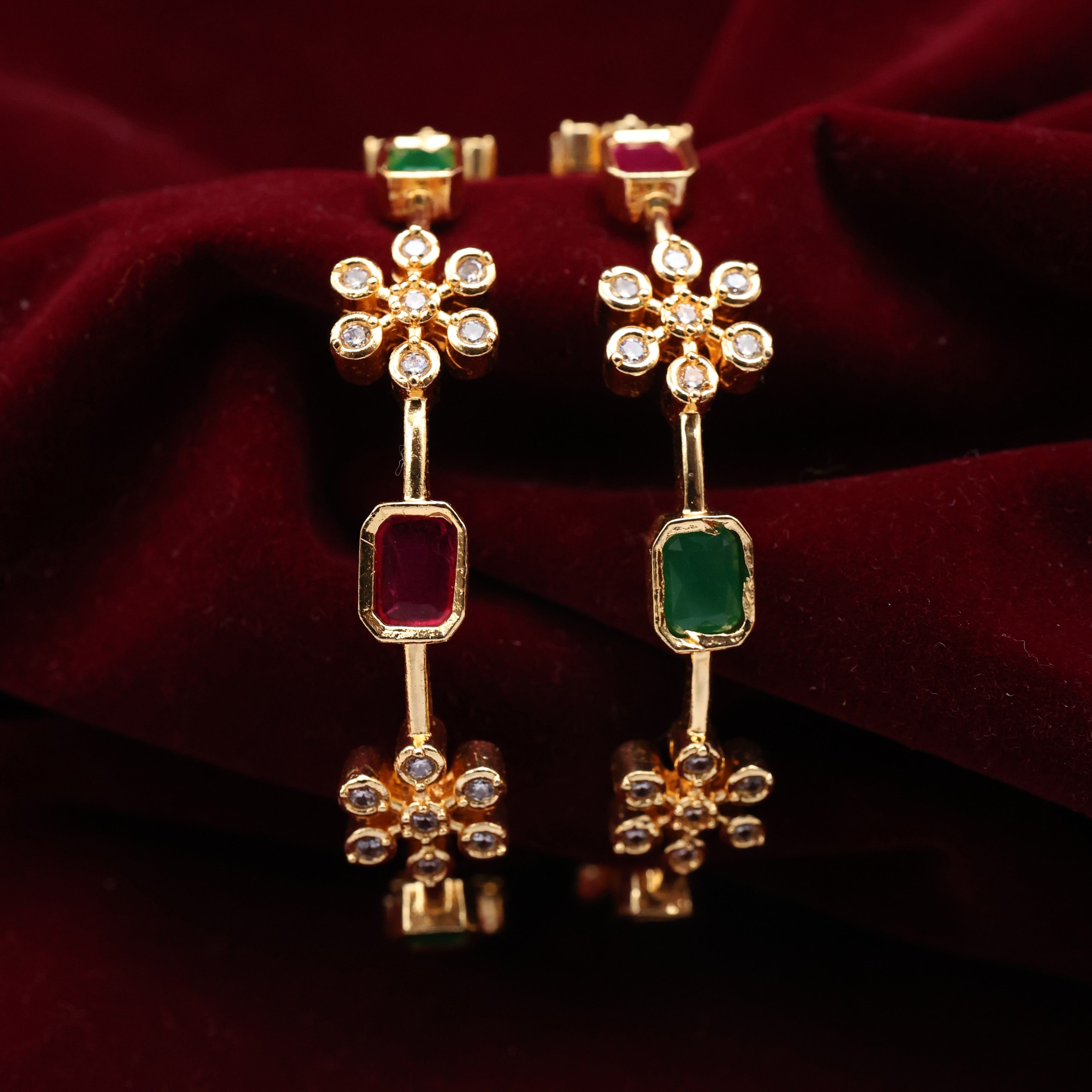 Gold Tone AD Rectangle Stone Flower Bangles