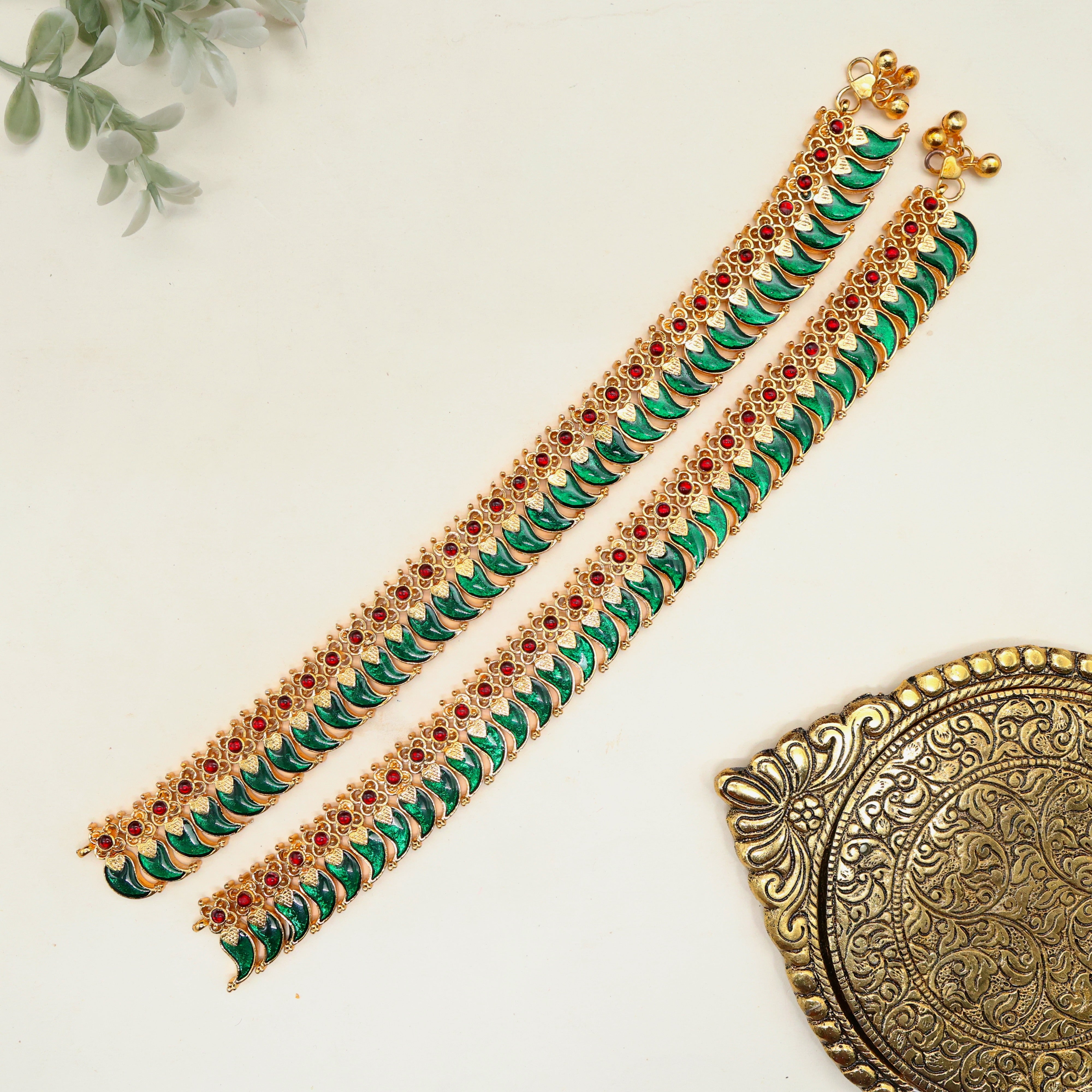 Gold Tone Kemp Enamel Green Mango Palakka Anklets - 10.5 Inches