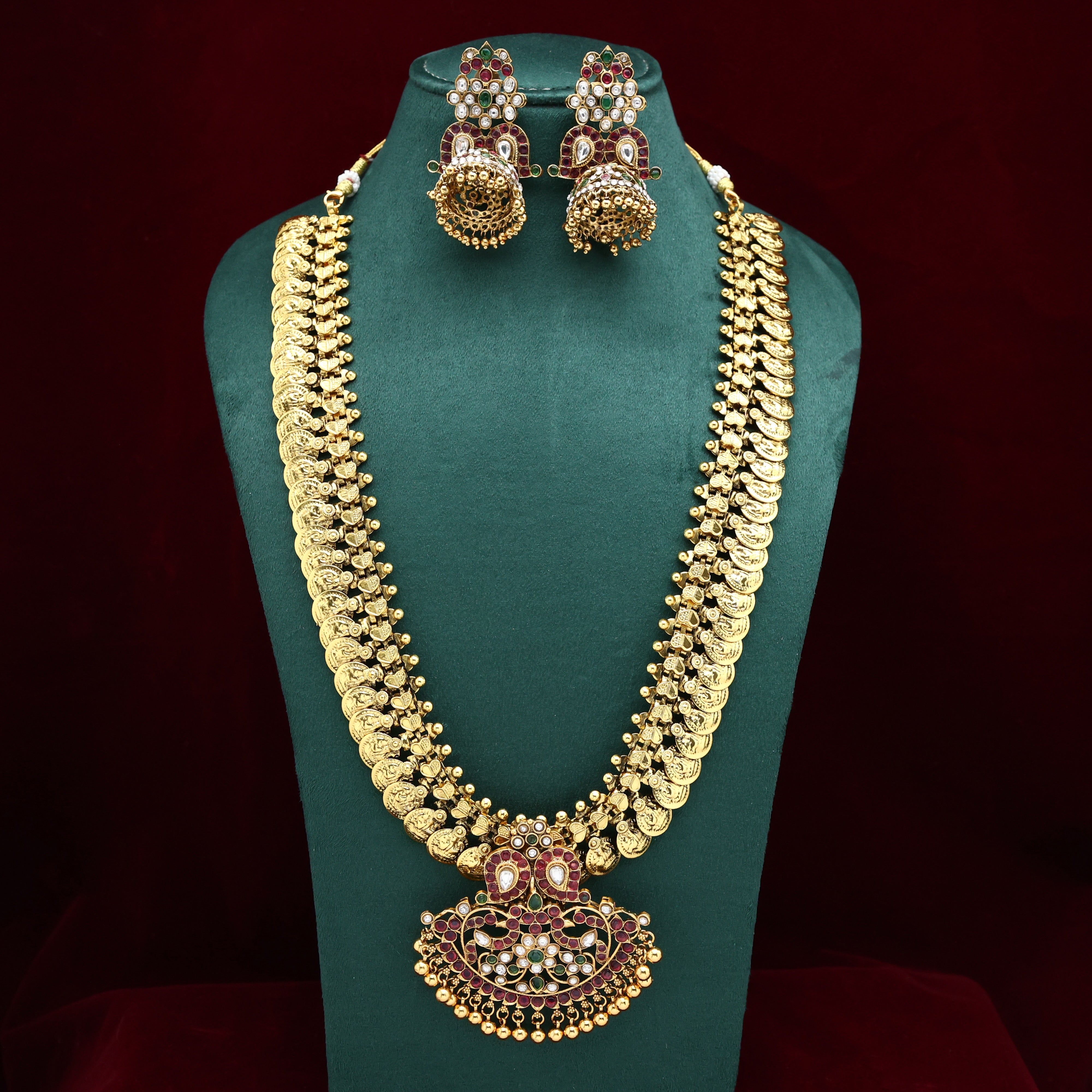 Nagasi Lakshmi Coins Premium Kemp Rettapakshi Mango Pendant Haaram