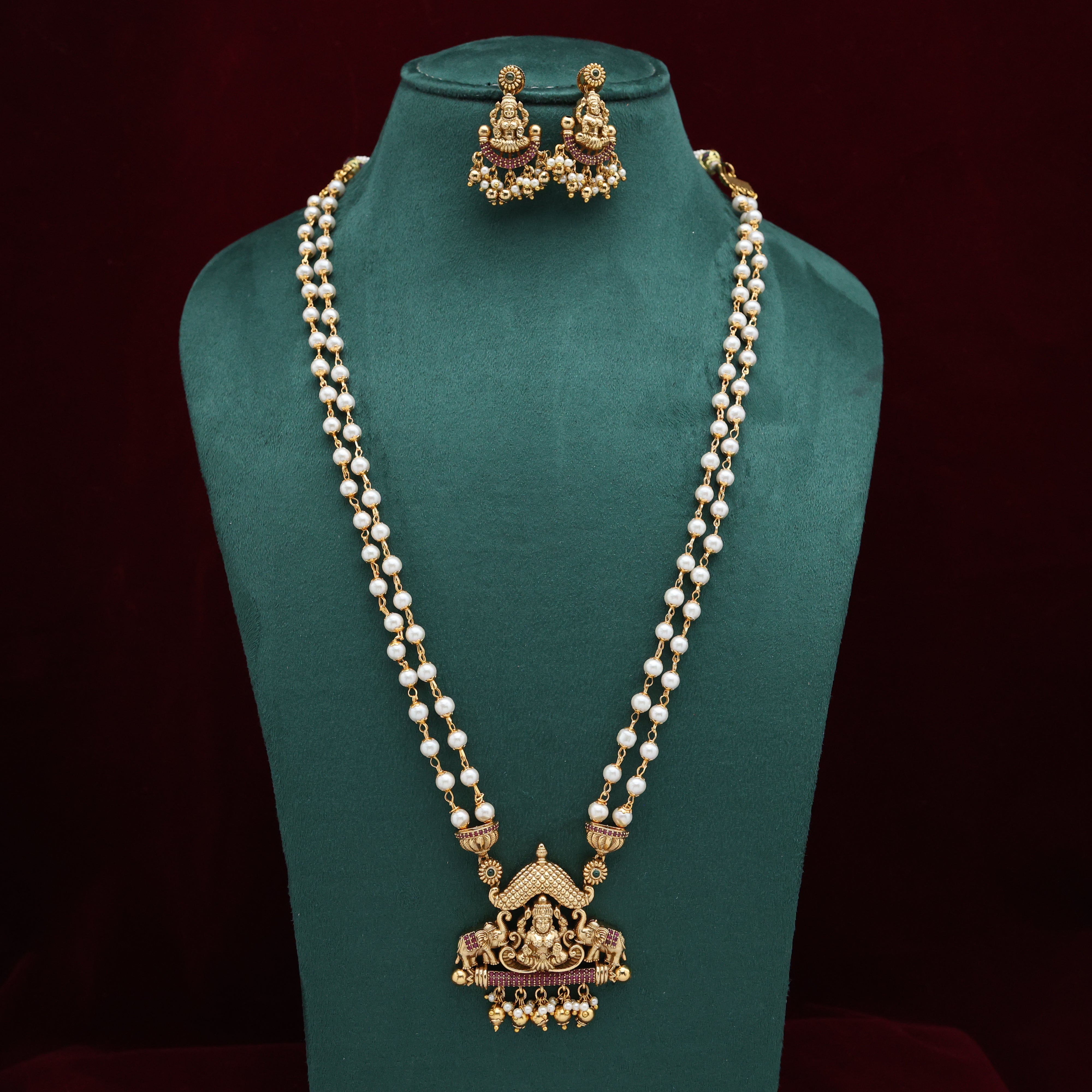 Antique Nagas Kemp Gajalakshmi Mantap Pendant 2 Layer Pearl Haaram Set