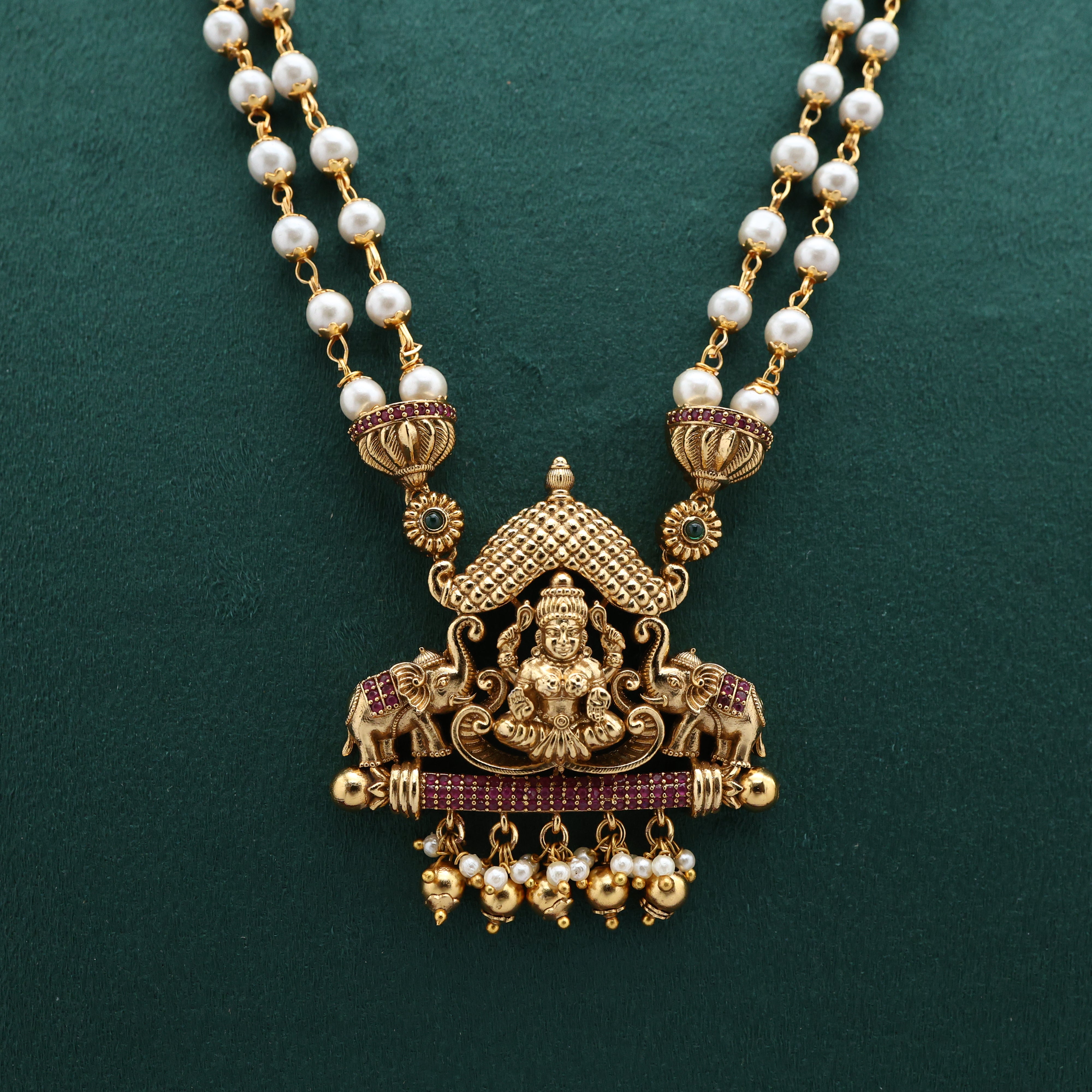 Antique Nagas Kemp Gajalakshmi Mantap Pendant 2 Layer Pearl Haaram Set