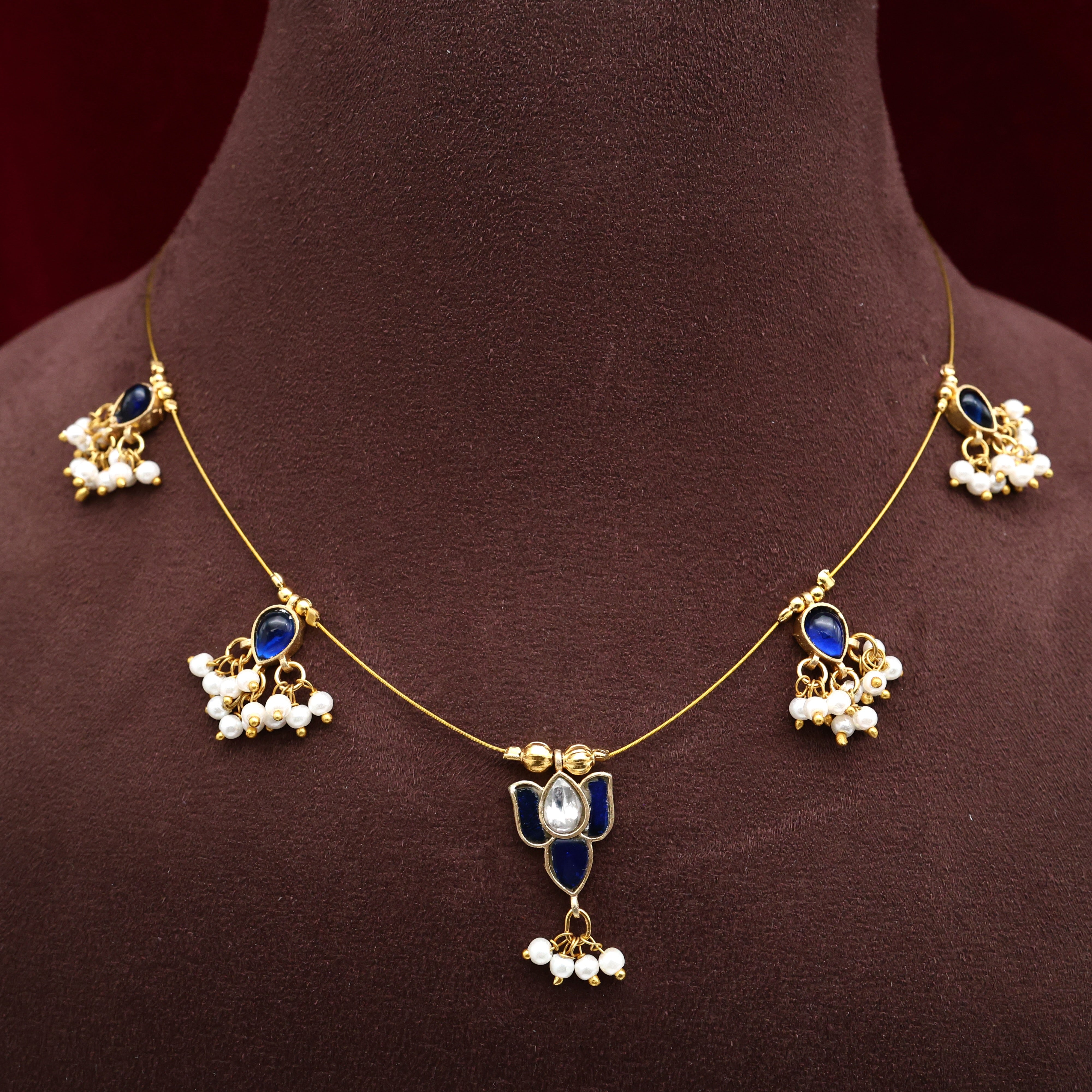 JADAU KUNDAN LOTUS PETALS INVISIBLE NECKLACE SET - BLUE & WHITE