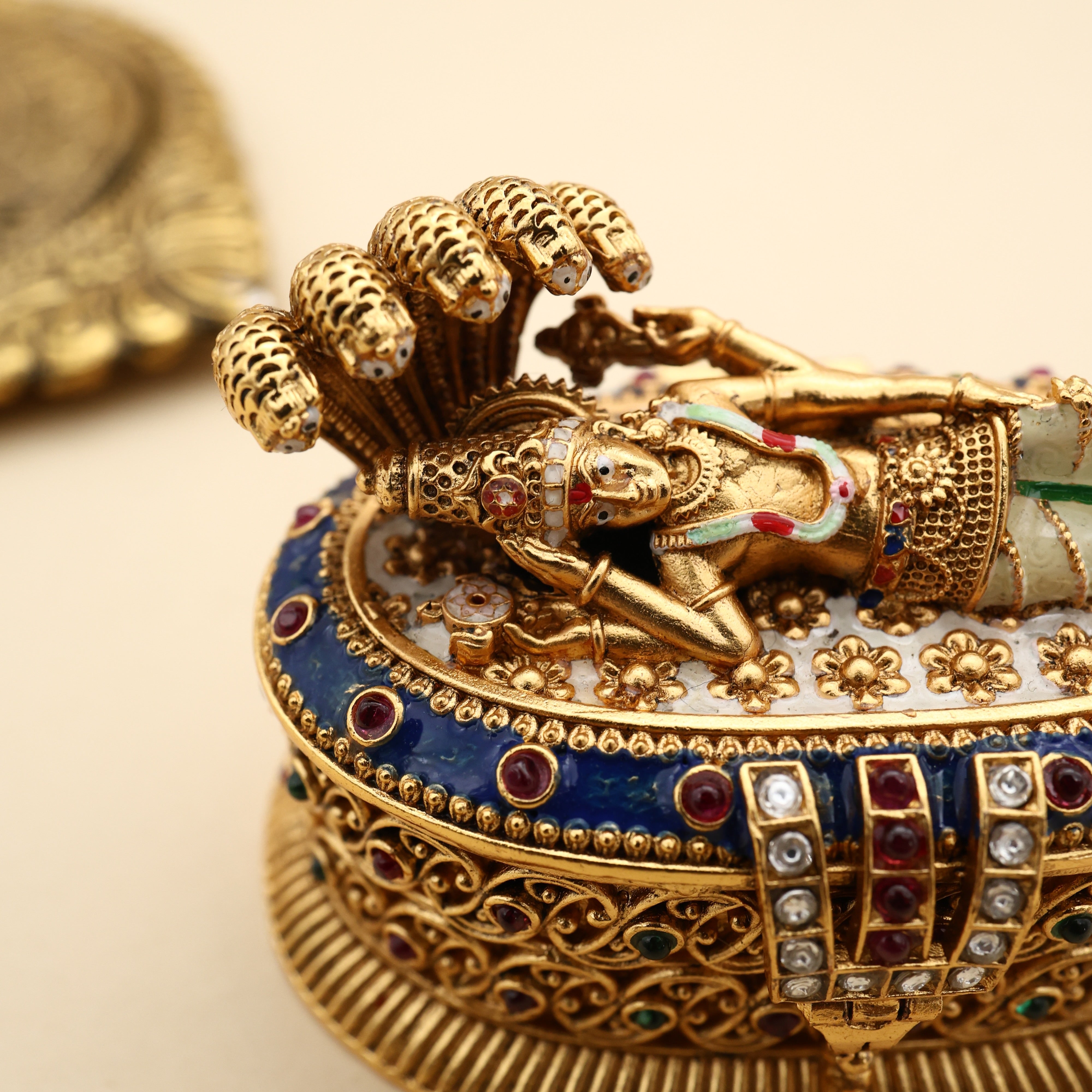 Premium Antique Nagas Meena Work Ranganatha Swamy Kumkum Box with Two Cavities