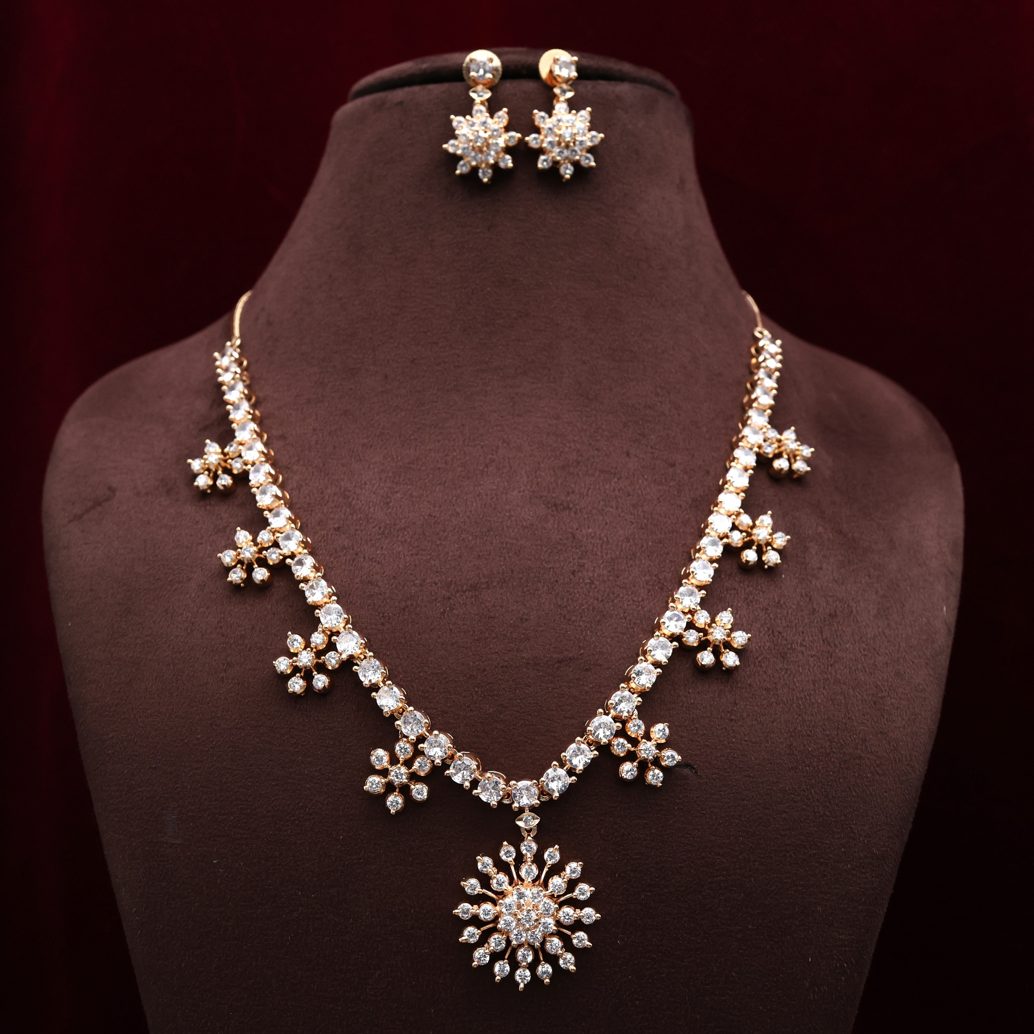 Diamond Look Rose Gold 7 Stone Star Pendant Necklace Set