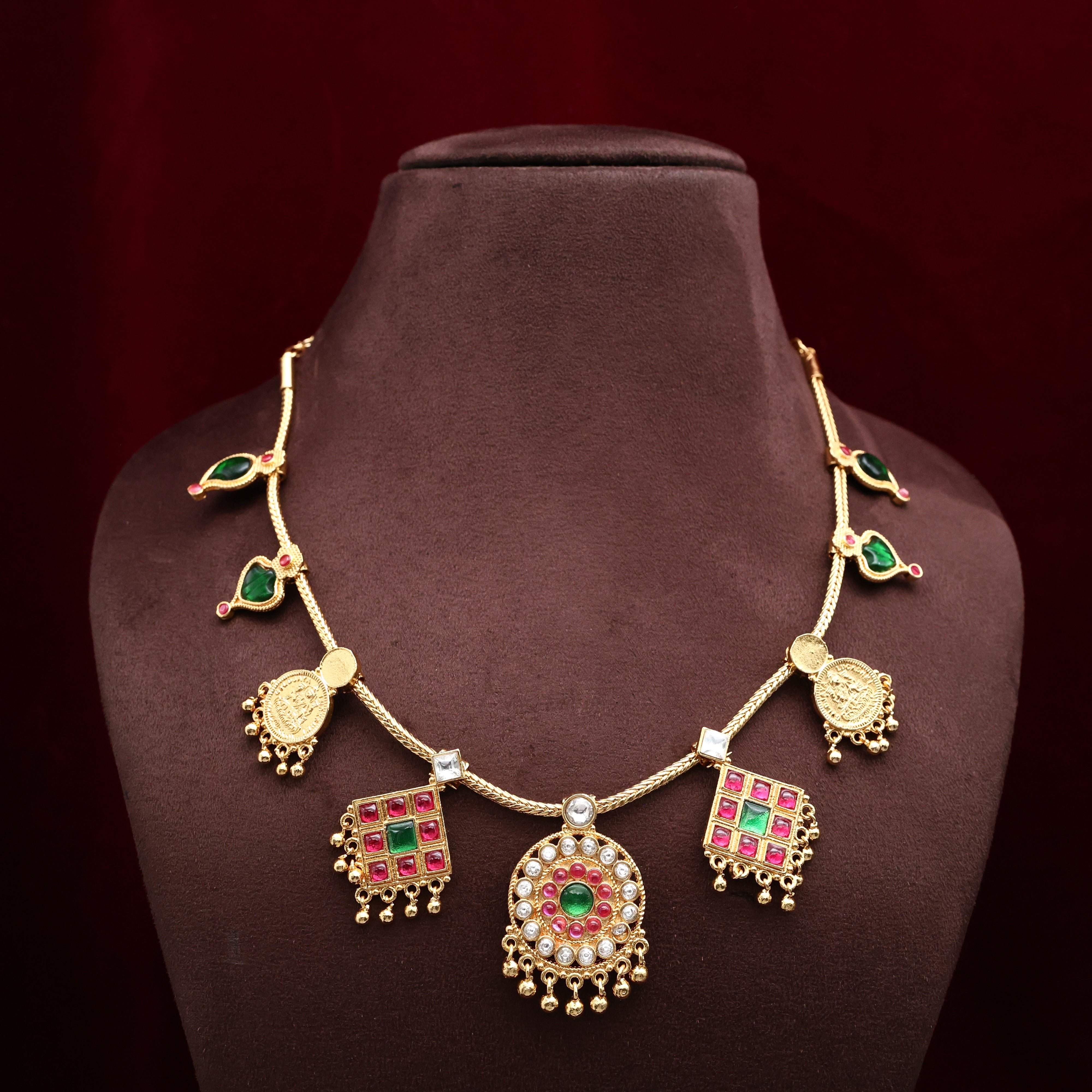 Real Gold Tone Contemporary Kerala Palakka Leaf Coin Necklace