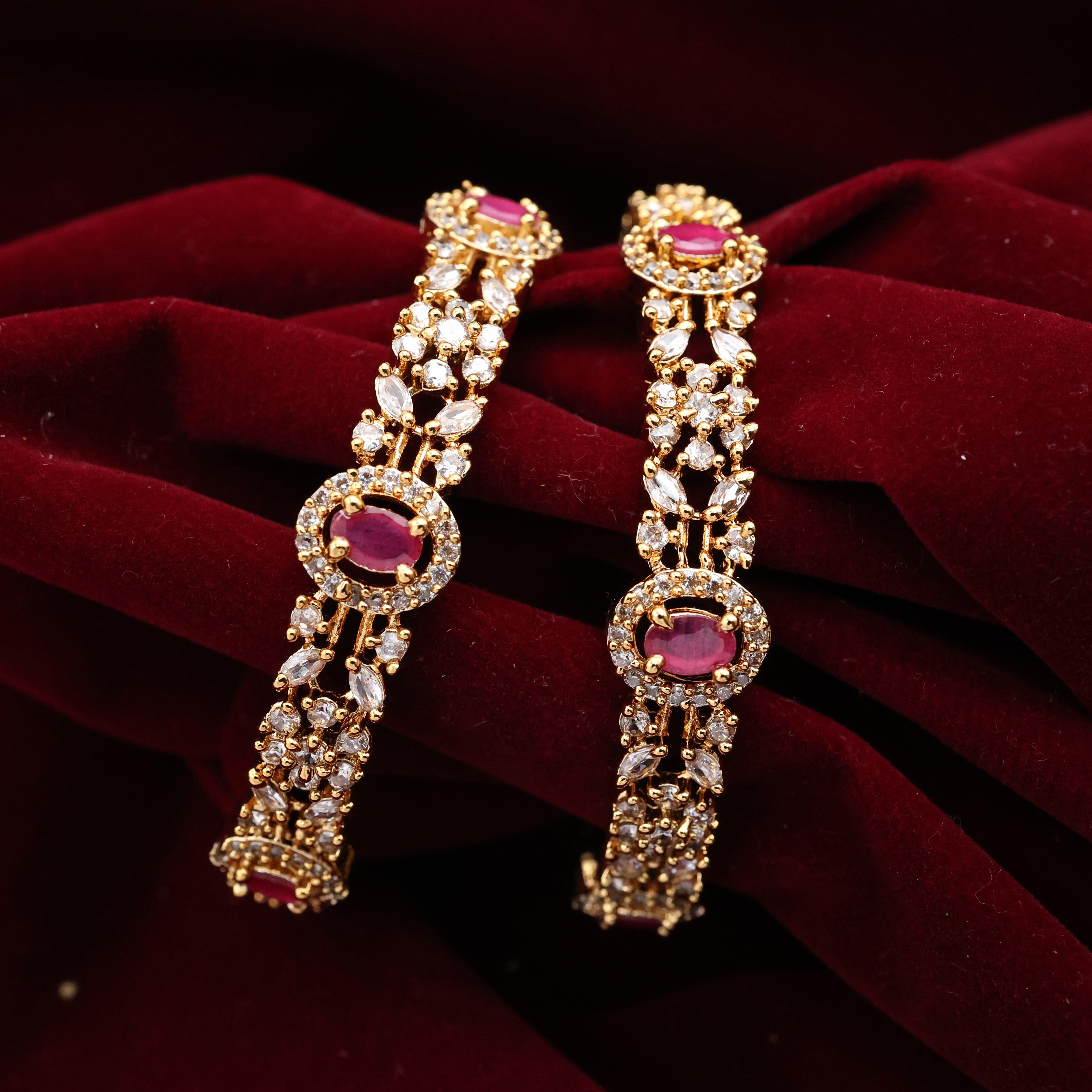 Antique Diamond Look Oval Stone Bangles - Ruby