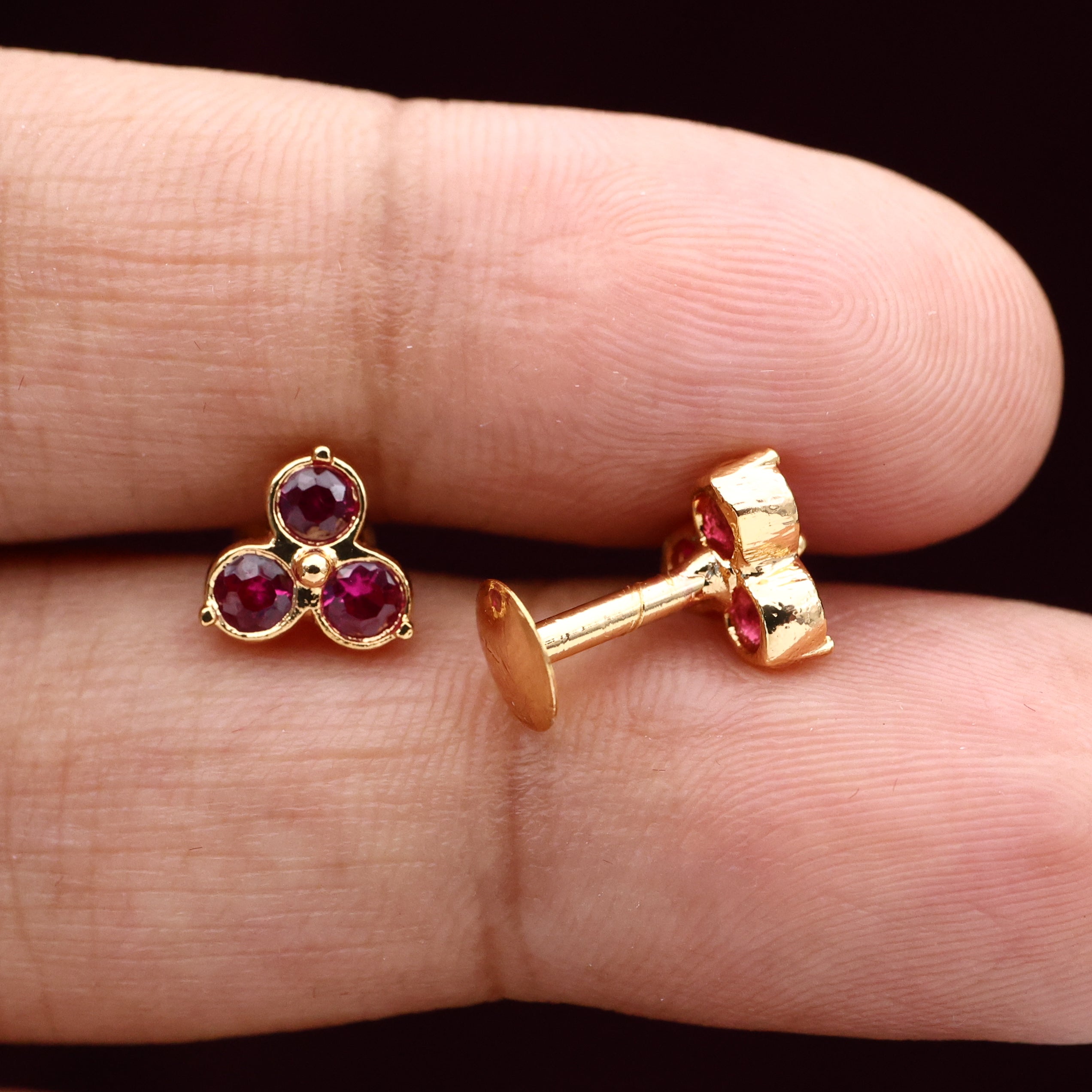 Diamond Look Micro Gold Polished Small Flower Baby Earrings/Studs - Ruby