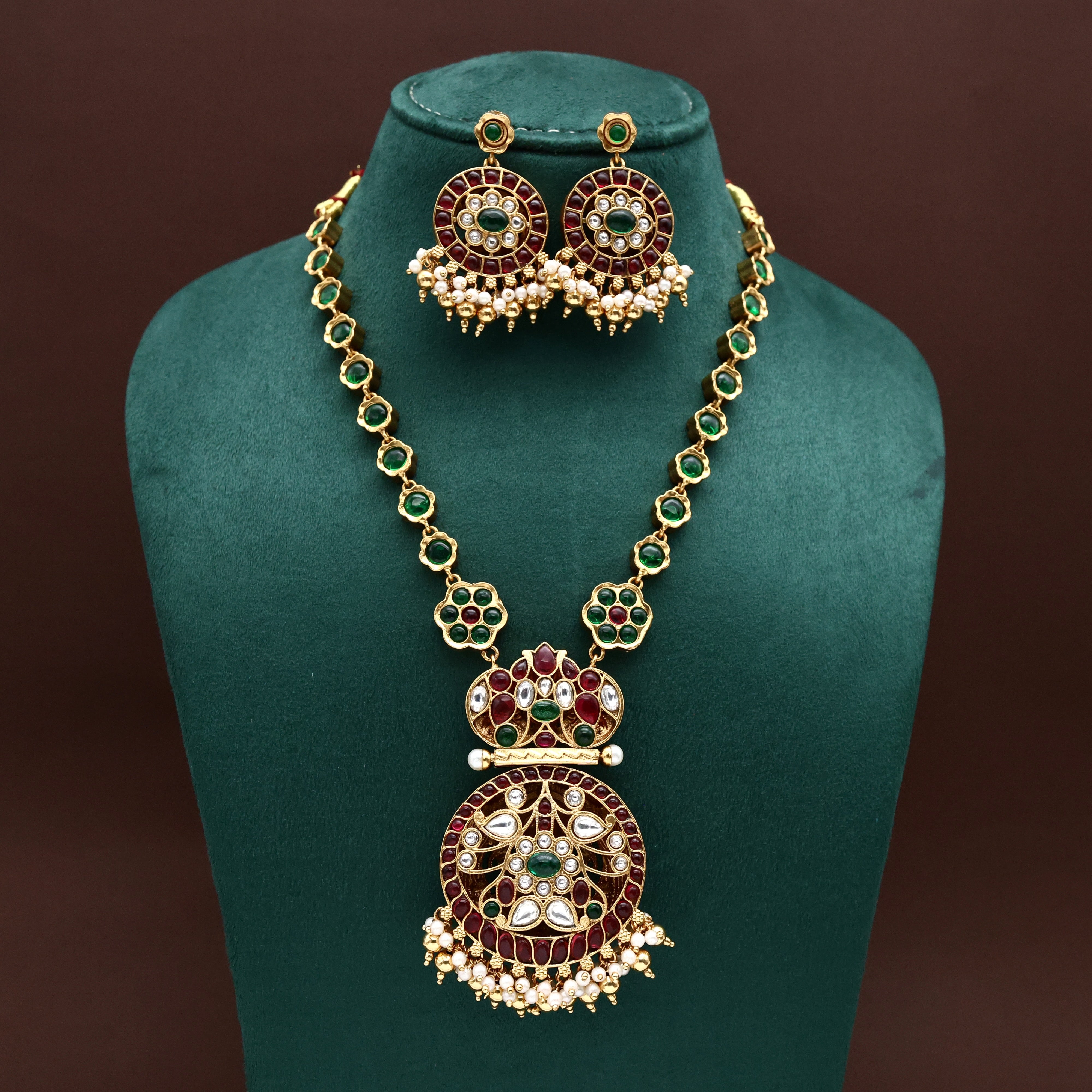 Antique Nagas Reversible Lakshmi Premium Kemp Flower Bridal Necklace Set