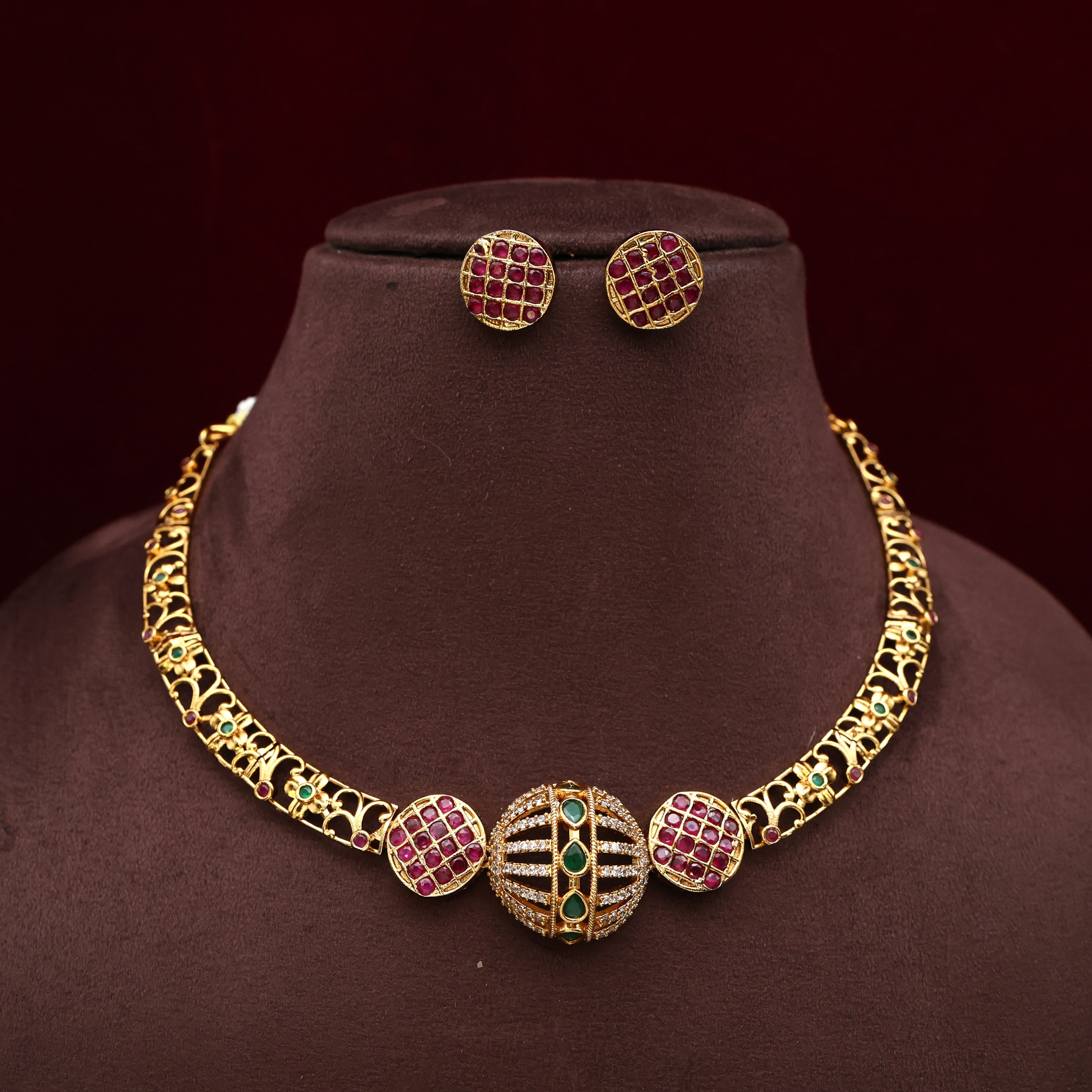 Antique Gold AD Embossed Balls Hasli Necklace Set