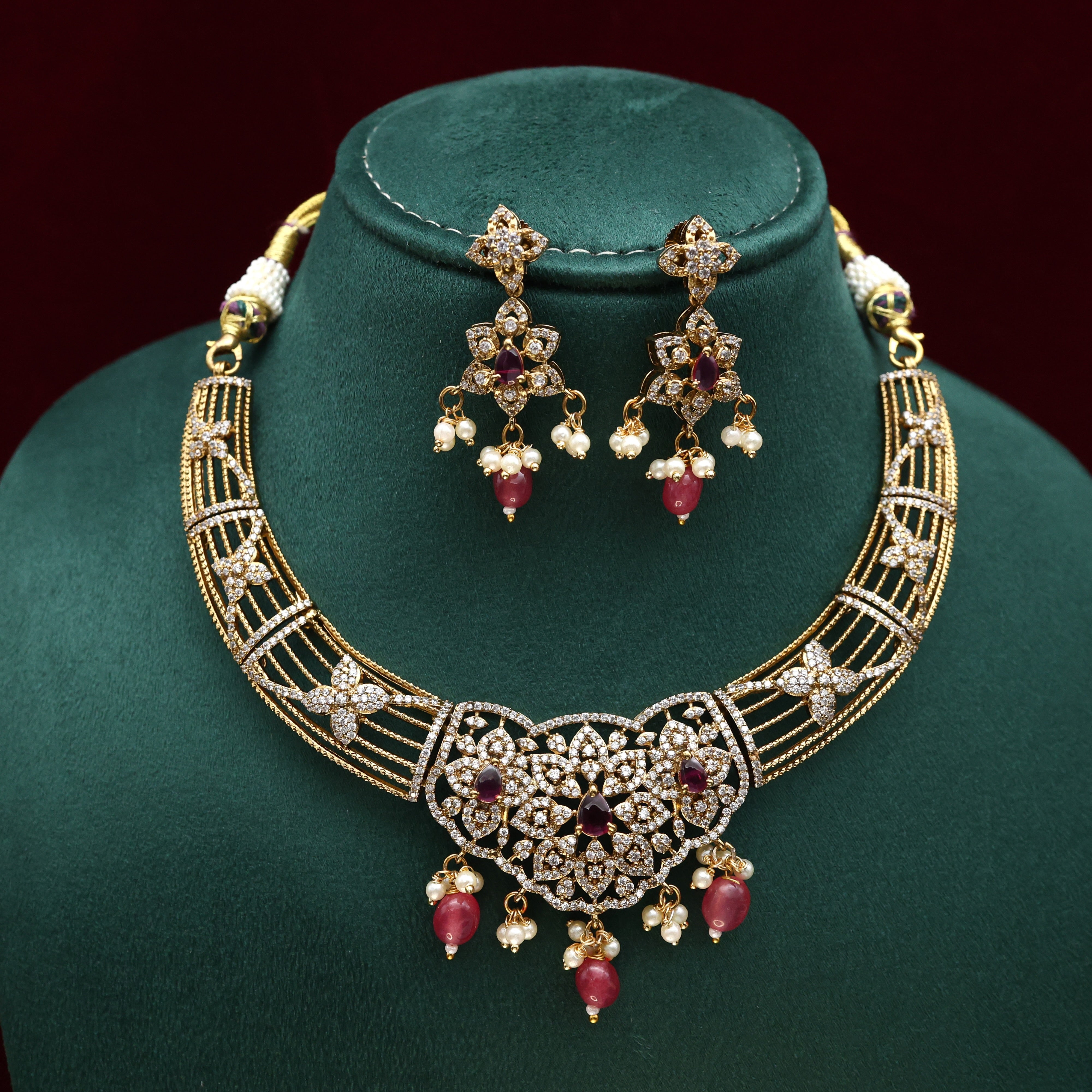 AD DIAMOND LOOK FLORAL BRIDAL HASLI NECKLACE SET - RUBY