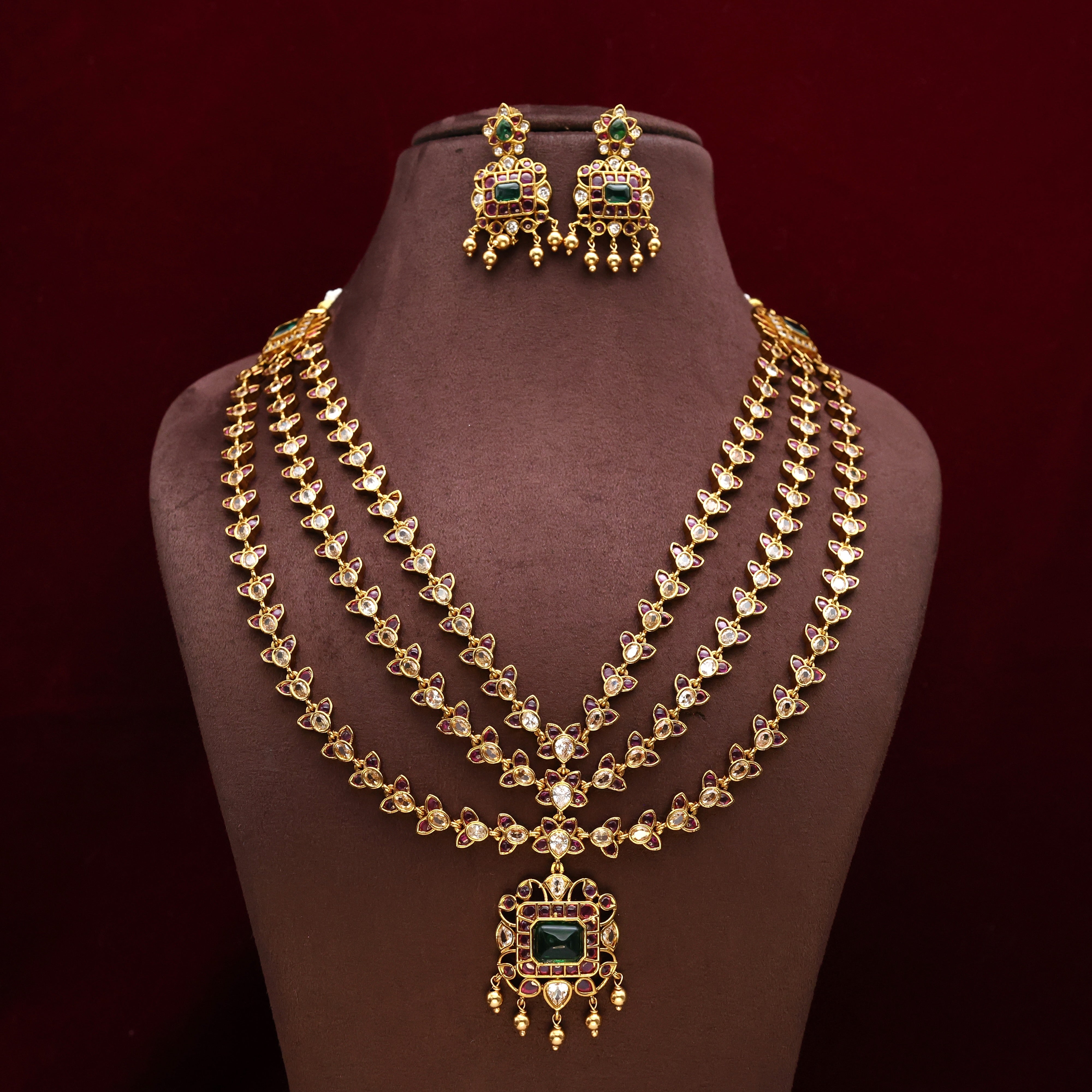 VICTORIAN POLISH 3 LAYER RANI MID LENGTH HAAR NECKLACE SET - GREEN