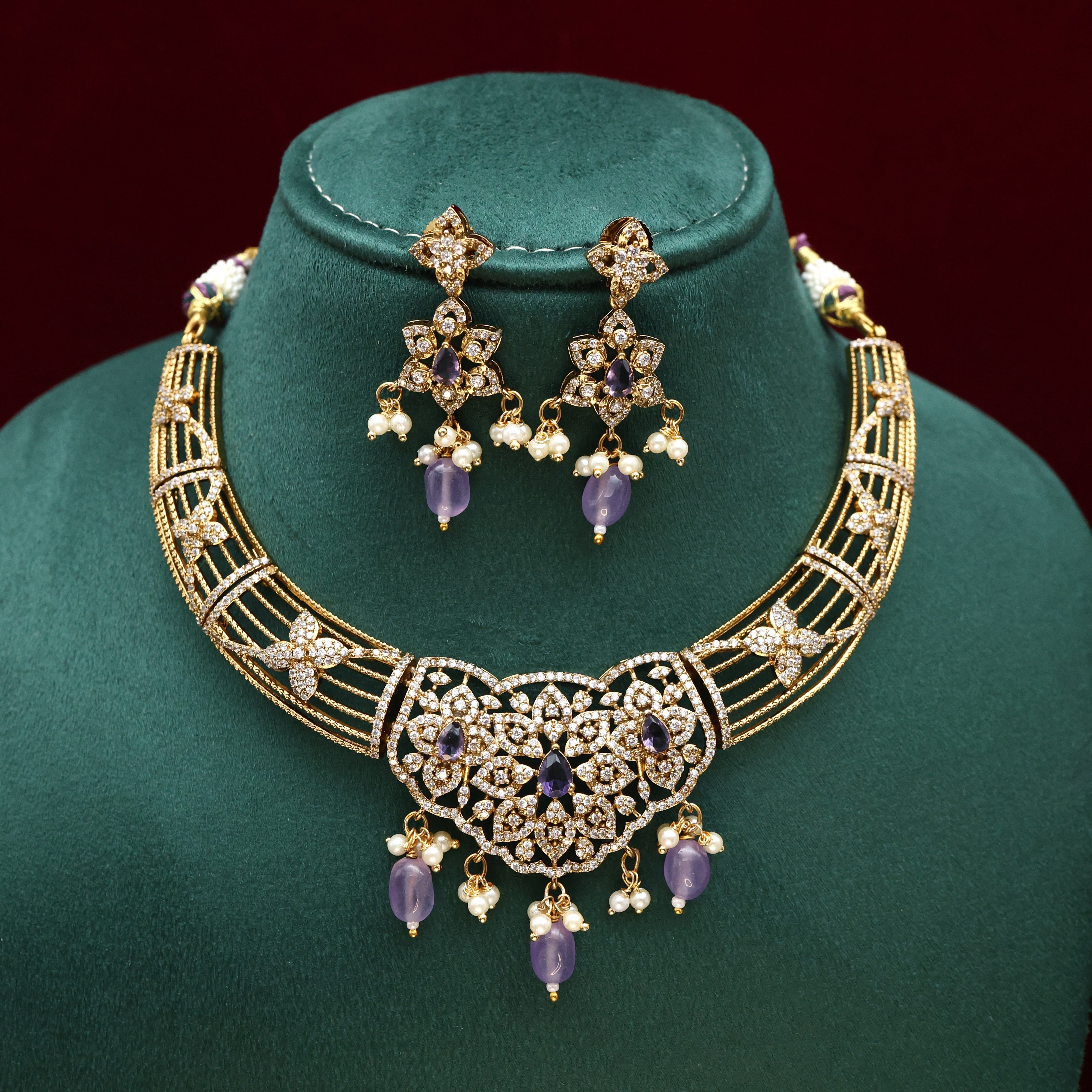 AD DIAMOND LOOK FLORAL BRIDAL HASLI NECKLACE SET - LAVENDAR