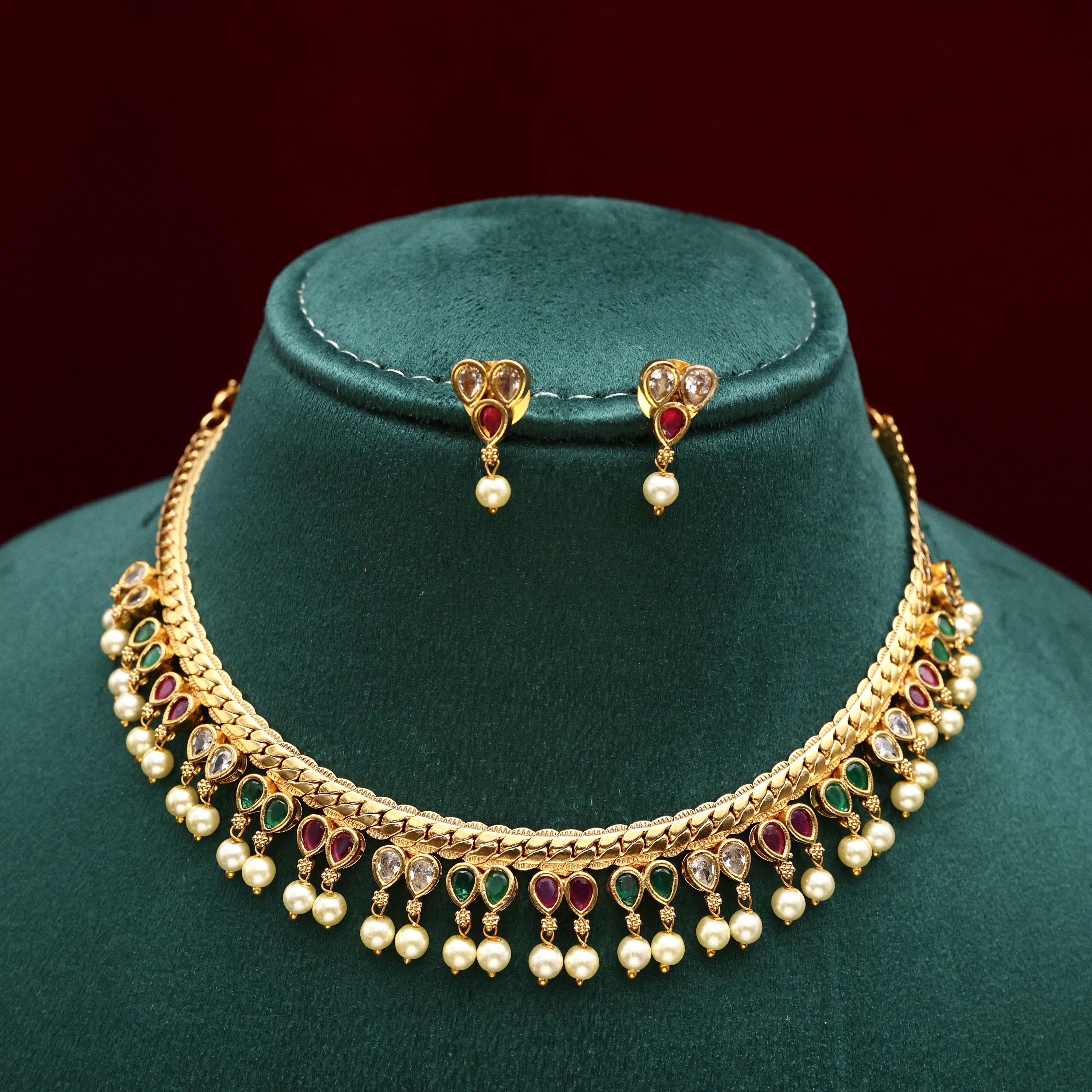 GOLD TONE AD THILAK DROPS NECKLACE SET - WHITE RUBY & GREEN