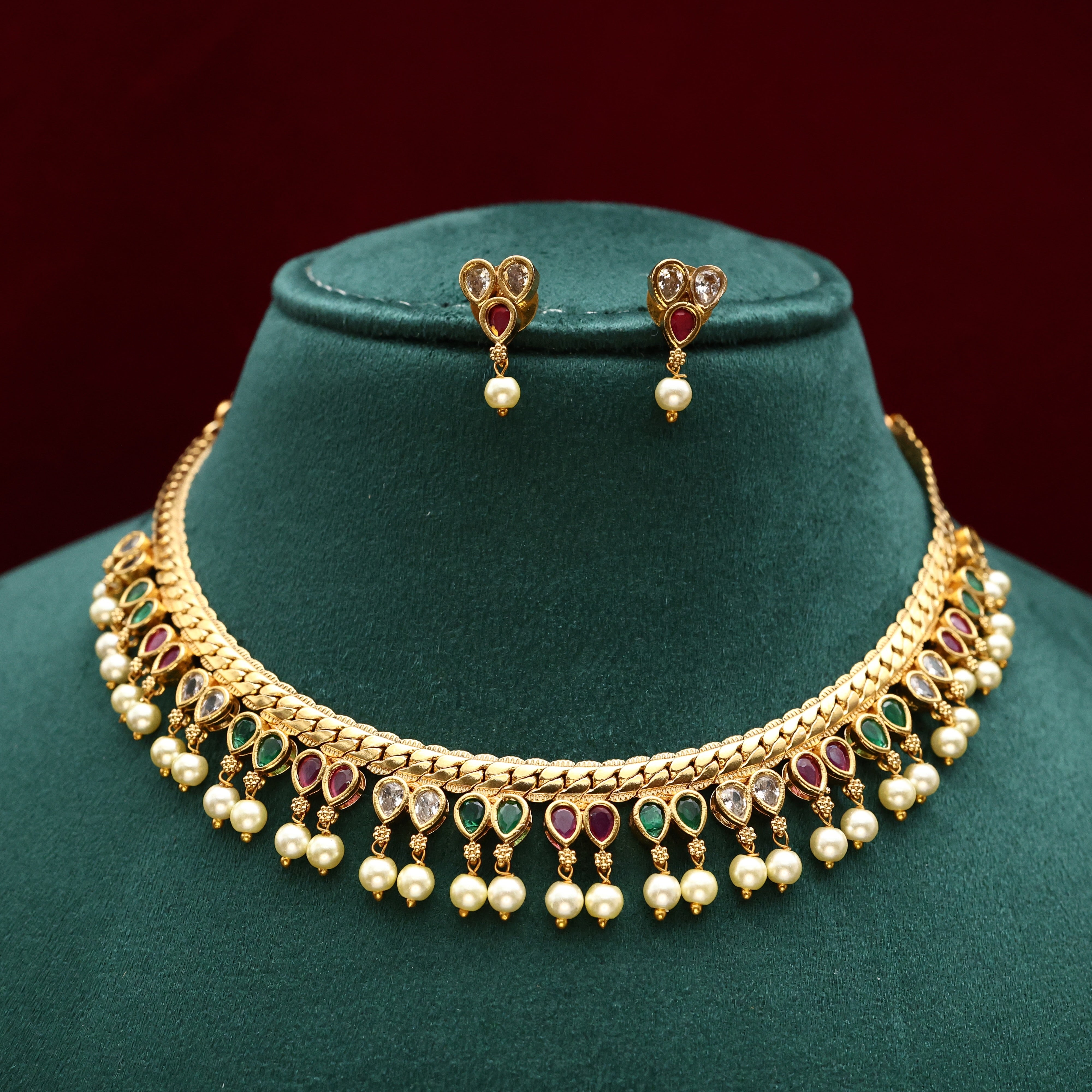 GOLD TONE AD THILAK DROPS NECKLACE SET - WHITE RUBY & GREEN