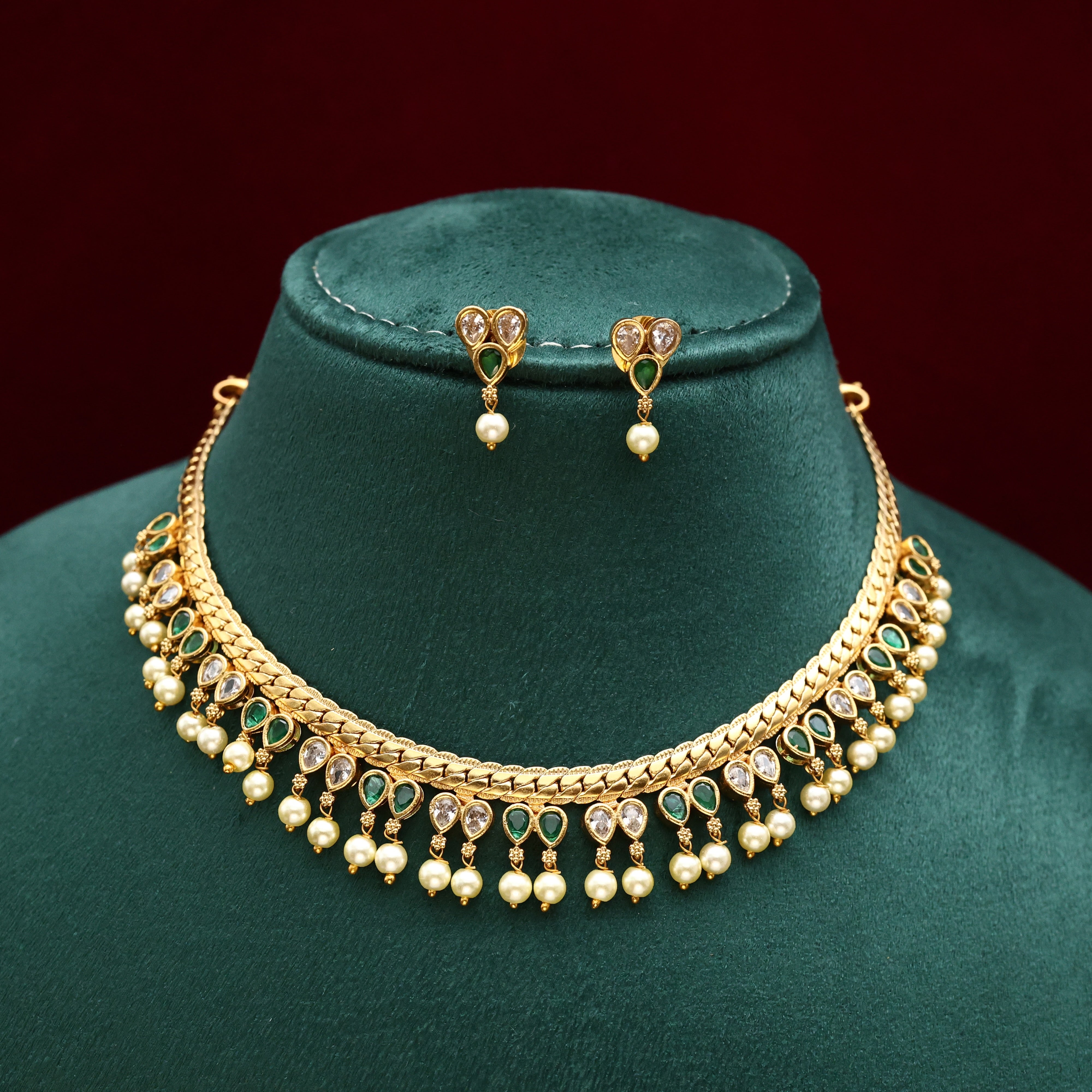 GOLD TONE AD THILAK DROPS NECKLACE SET - WHITE & GREEN